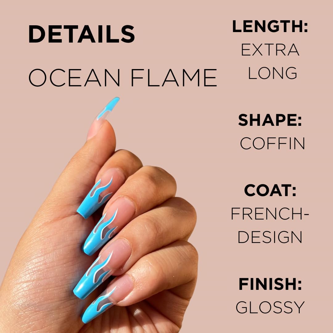 OCEAN FLAME Press-On Nails by Lavaa Beauty | Extra-Long Coffin | Blue Flame Tip Design