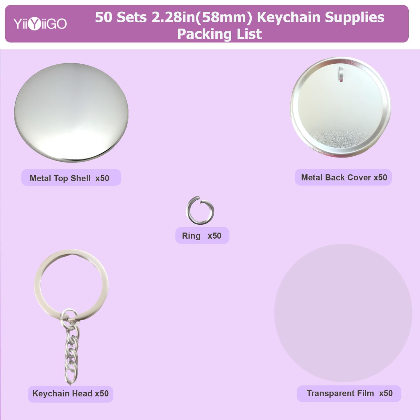 YiiYiiGO Button Maker Keychain Supplies, 50Sets 2.28inch/58mm Keychain Button Making Kit for Pin Maker Machine with Metal Shell Back Cover, Metal Top Cover, Transparent Film
