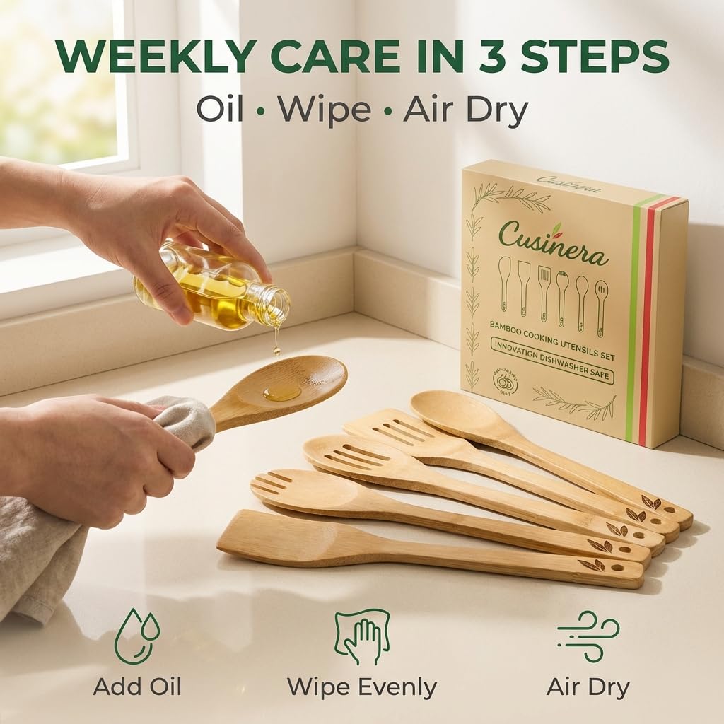 Cusinera Dishwasher Safe Bamboo Wooden Spoons for Cooking 6-Piece – Kitchen Gadgets Wooden Cooking Utensils Set – Premium Kitchen Utensils Set – Easy to Clean, Perfect for Non-Stick Cookware