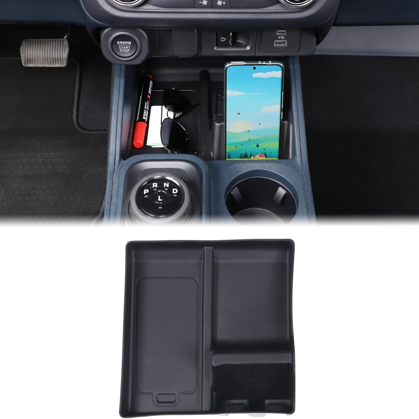 Aunginsy Car Center Console Shifter Storage Tray Compatible with Ford Maverick 2022-2026, Not Fit 2025+ Model with Wireless Charge, Gear Shift Groove Shock Pad Organizer Storage Box Insert Accessories