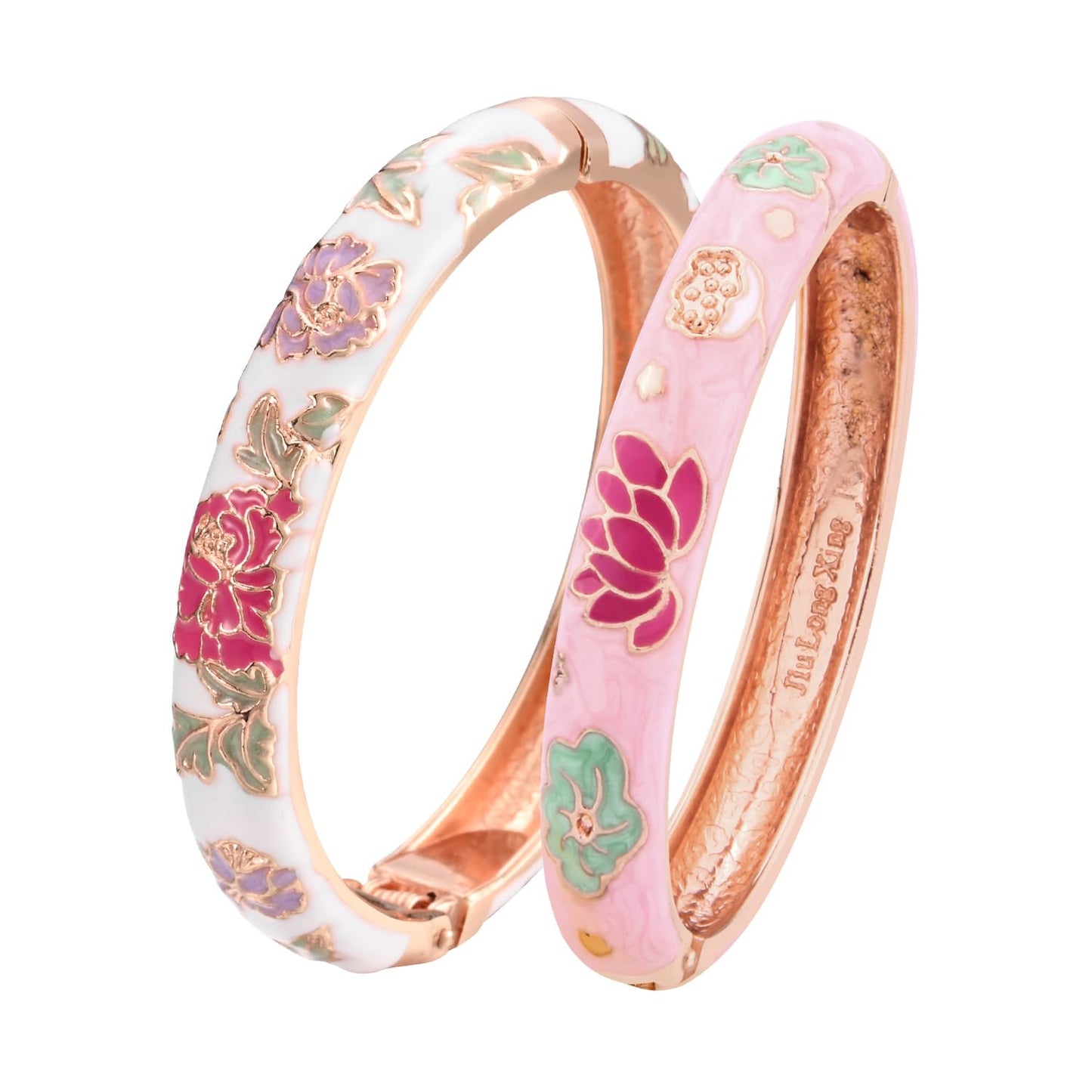 UJOY Vintage Cloisonne Bracelets Flower Enameled Jewelry Plated Cuff Bangle for Women Gift Box 55A35-55A113 Pink White