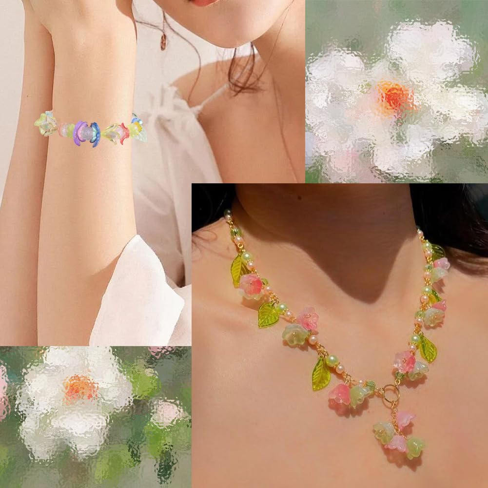 SUNNYCLUE 1 Box 500Pcs Acrylic Flower and Leaf Beads Assorted Floral Beads Kit Green Pink Small Cute Spring Cherry Lily Caps Blossom Spacer for Jewelry Making Bracelet Necklace Decor Adults