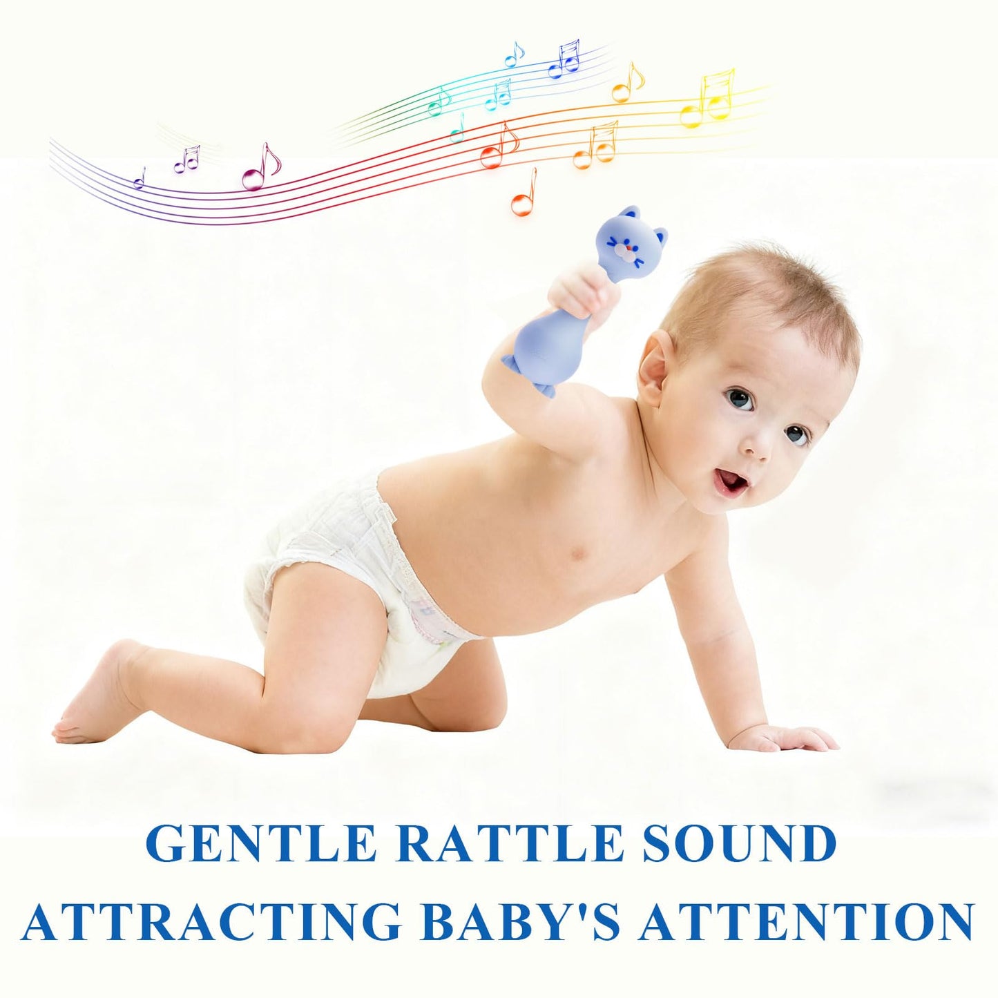 Baby Rattle Teething Toys Cat Silicone Teether Rattles for Baby 0-12 Months Food Grade Silicone (Blue)