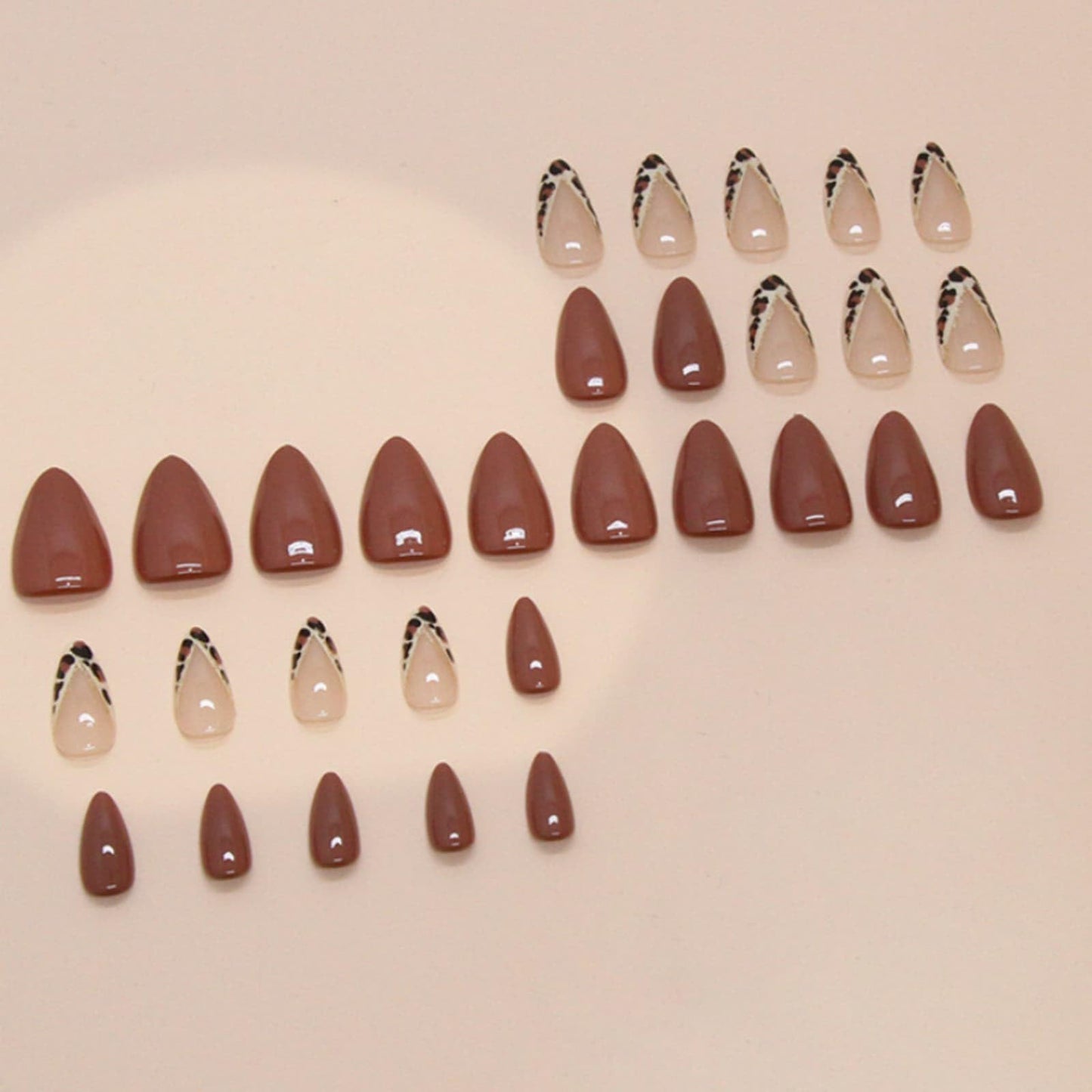 Valentine Short Almond Press on Nails French Tip Fake Nails Brown Leopard Print with Gold Glitter Design Full Cover Acrylic Nails Removable Artificial Stick on Nails for Women 24 Pcs