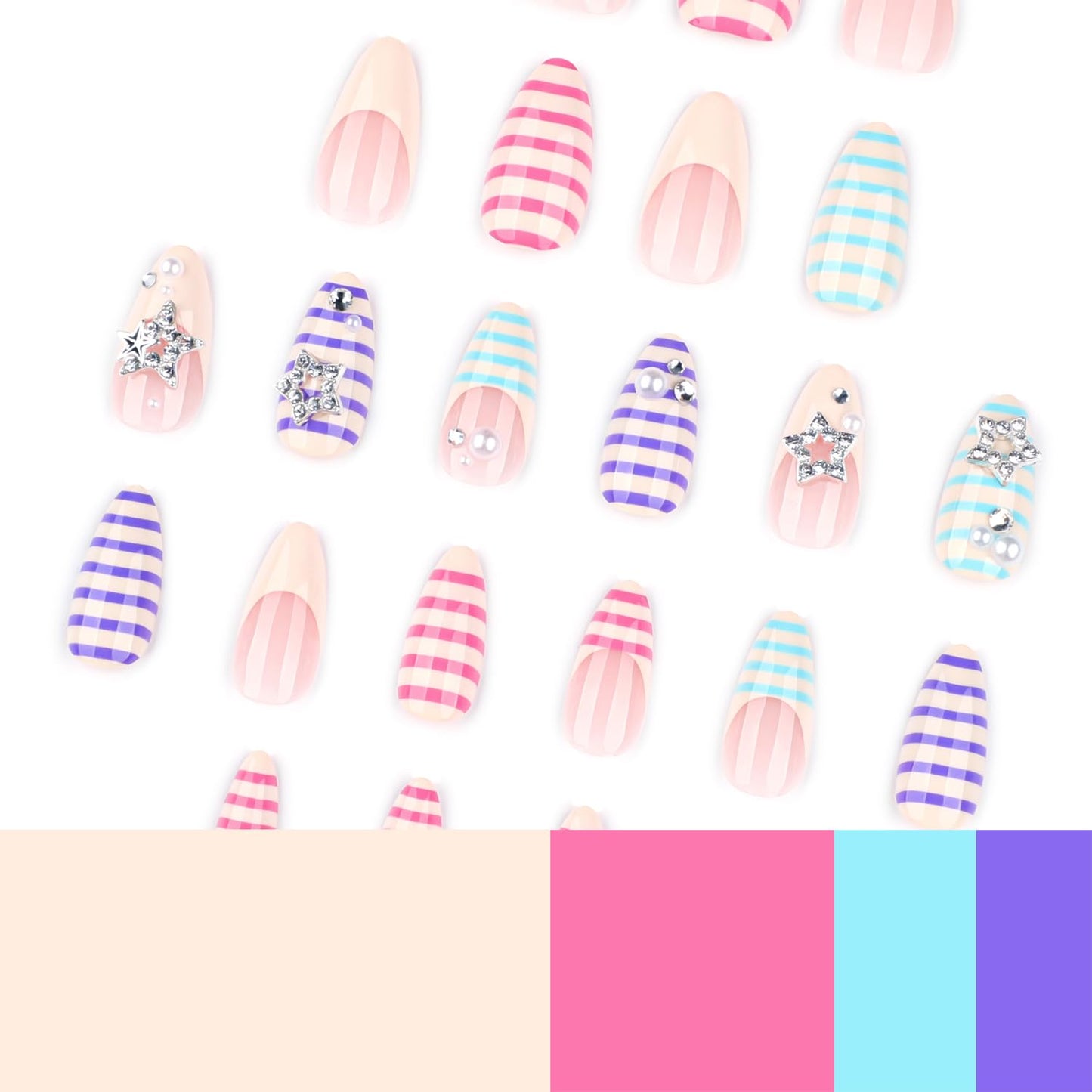 Mivota Soft Gel Press On Nails Medium Almond Colorful Stripe Design with 3D Star & Pearl, Reusable Glue On Fake Nails for Women, Cute Y2K Salon Manicure Set 24PCS