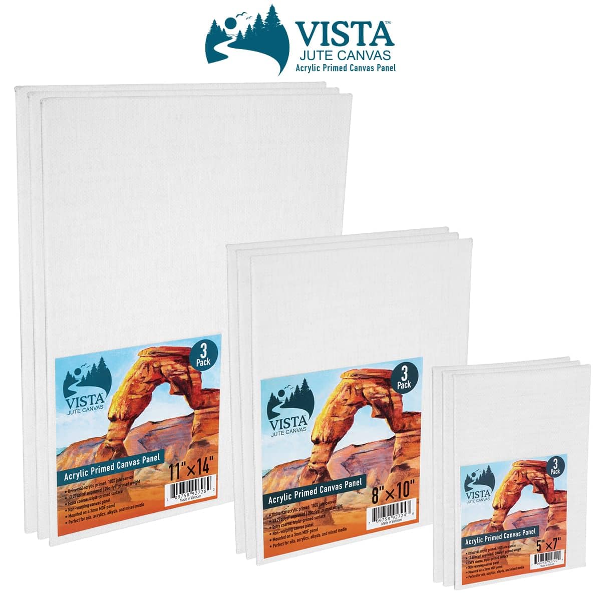 Vista Jute Acrylic-Primed Canvas Panels - 5"x7", 3 Pack - Blank Canvas for Traditional Oils, Eco Friendly, 100% Jute, Triple-Primed, Extra Coarse Texture, Ideal for Dry Brush and Impasto Techniques