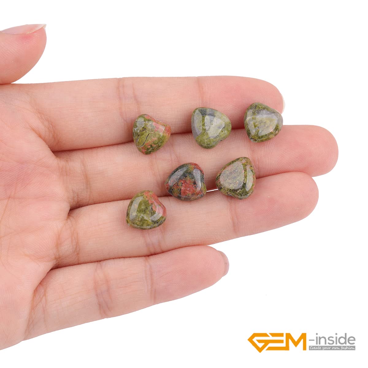GEM-Inside 10mm Heart Charms Natural Green Unakite Jasper Gemstone Stone Beads for Jewelry Making Full 15" Strand Power Energy Healing Chakra Stone Beads