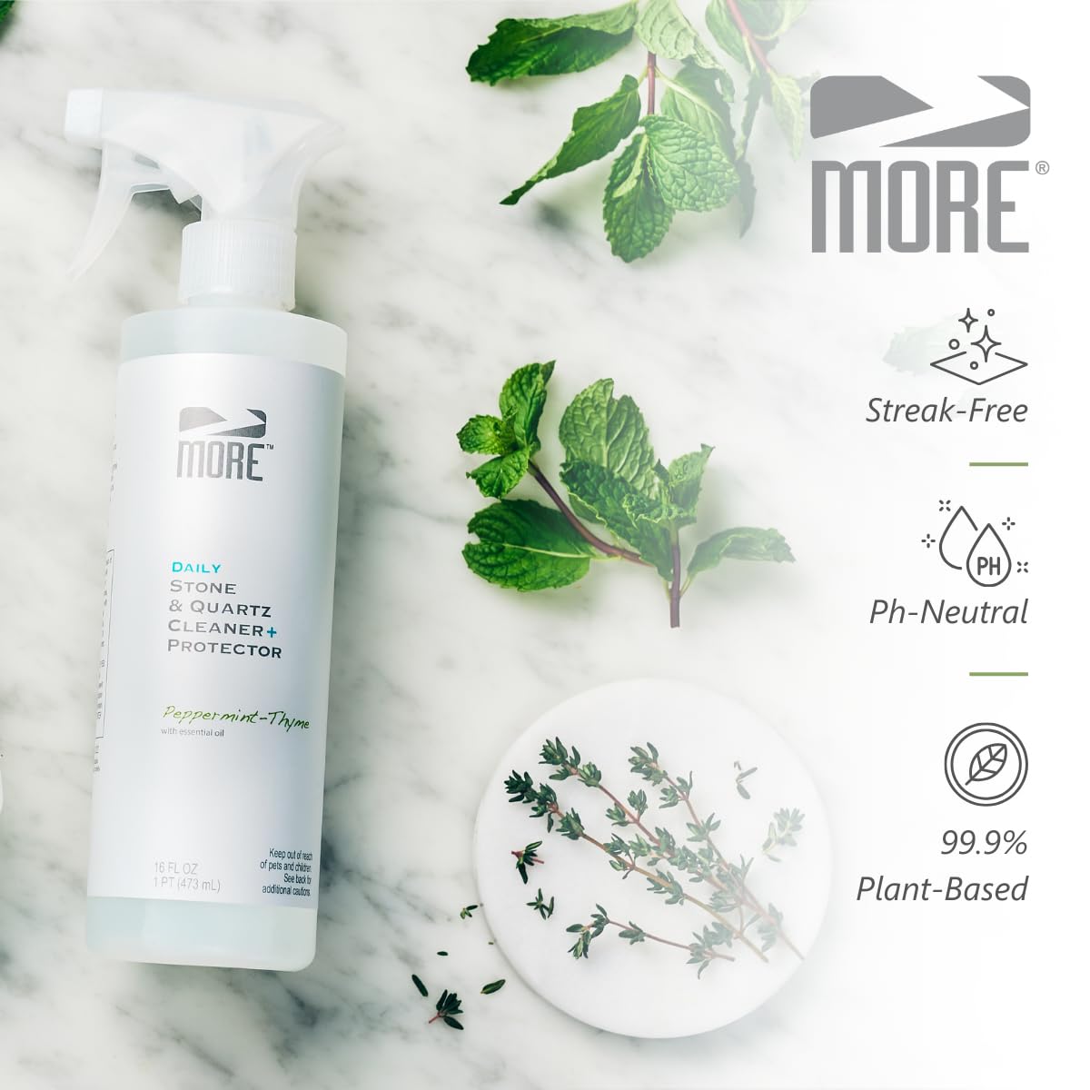 MORE Stone & Quartz Cleaner + Protector - Water-Based Surface Spray - Granite, Quartz & Marble Cleaner - For Kitchen & Bathroom Countertops & Floors - Peppermint-Thyme Essential Oil - Pint (16oz)
