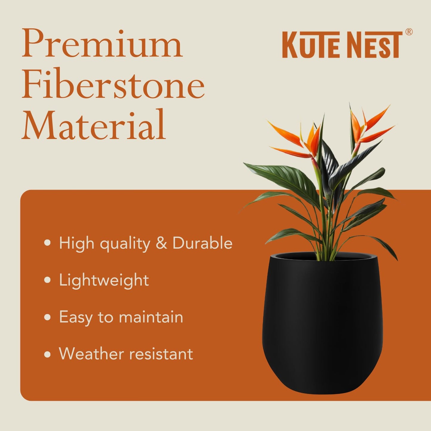 KUTE NEST 16.5" H x 15" D Premium Corso Fiberstone Round Tapered Planter with Drainage Hole, Weather Resistant for Indoor & Outdoor Use, Included 2 Extra Coco Mats (Black, 11.5" Pot Opening)