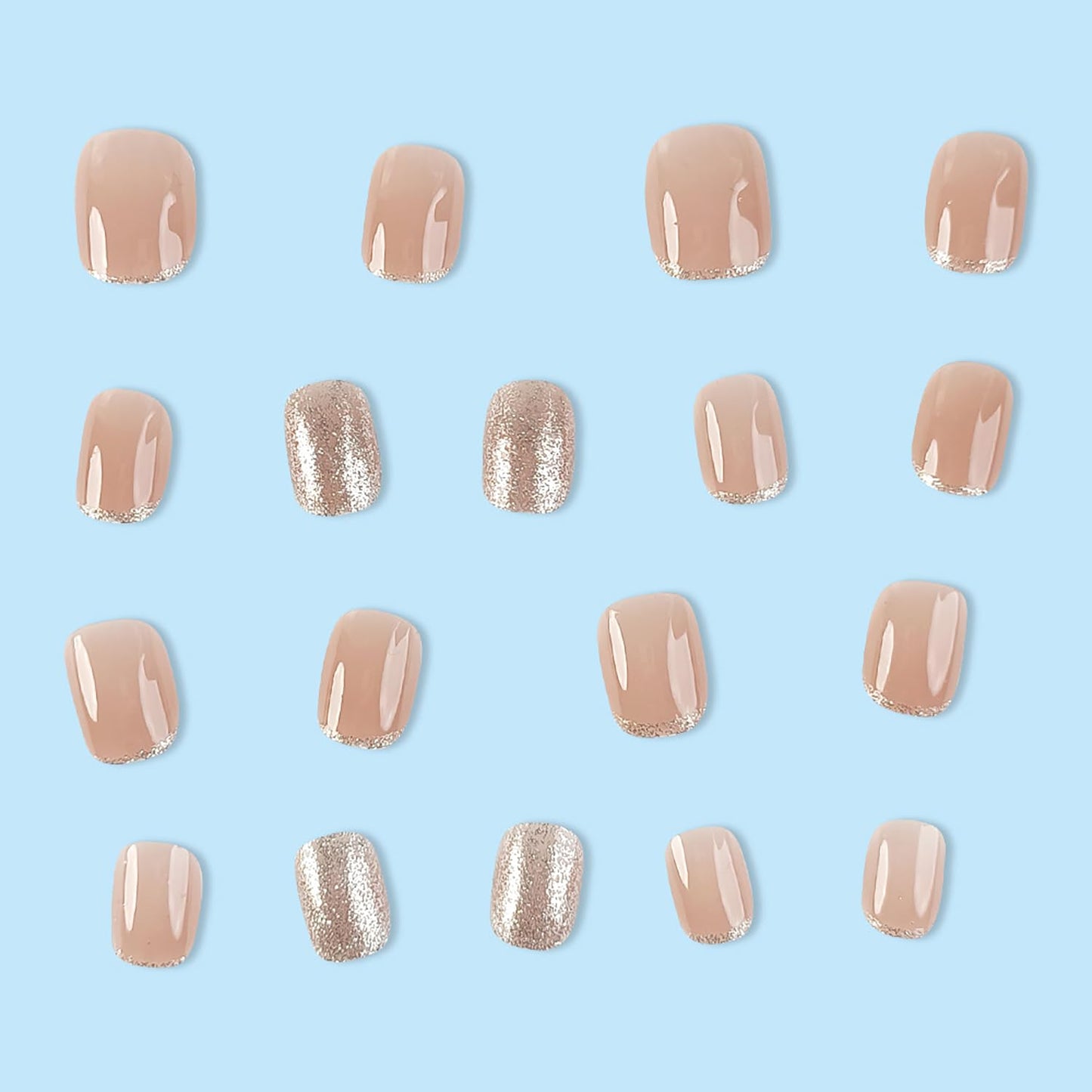 French Tip Press on Nails Glitter Petite Short Square Fake Nails Pink Nude Glossy Design Sparkly False Nails Glue on Nails with Full Cover Acrylic Stick for Women Girls Nail Decorations 24Pcs