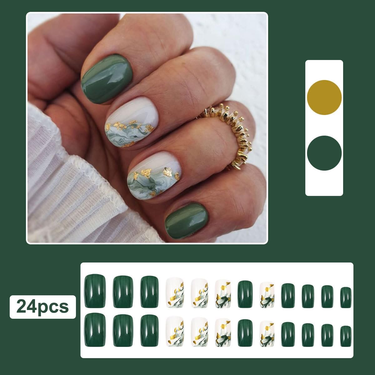 plalely Square Press on Nails Short Green Fake Nail Marble Acrylic Nail Press ons Stick on Nail for Women 24pcs