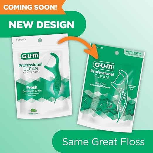 GUM Professional Clean Floss Picks - Extra Strong Shred-Resistant Floss, Easy Grip Handle - Dental Flossers for Adults - Fresh Mint Flavor, 90 Count (Pack of 6)