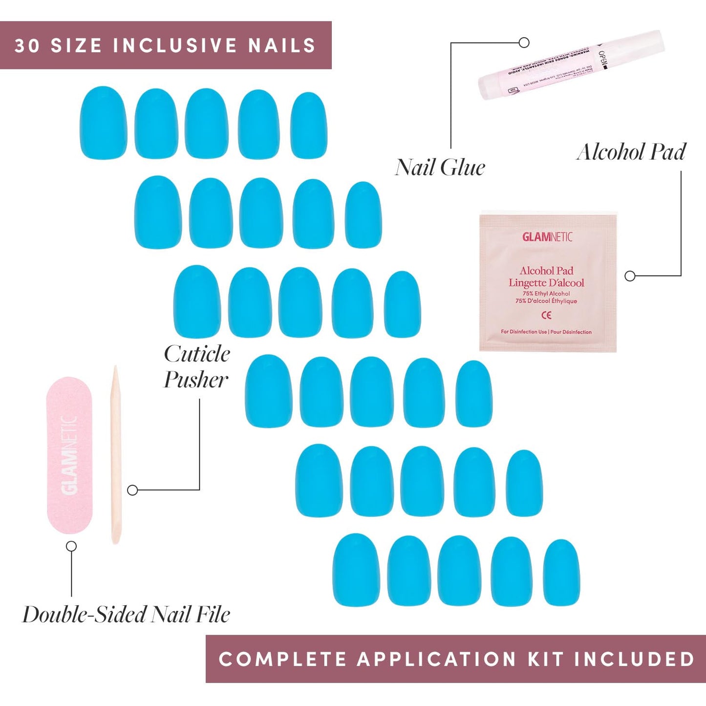 Glamnetic Press-On Nails Bundle - Azure Blue, Hailey & Fairy Dust | Bright Blue Short Round Fake Nails | Glazed Almond False Nails | Oval Beige-Pink Nails with a Metallic Finish