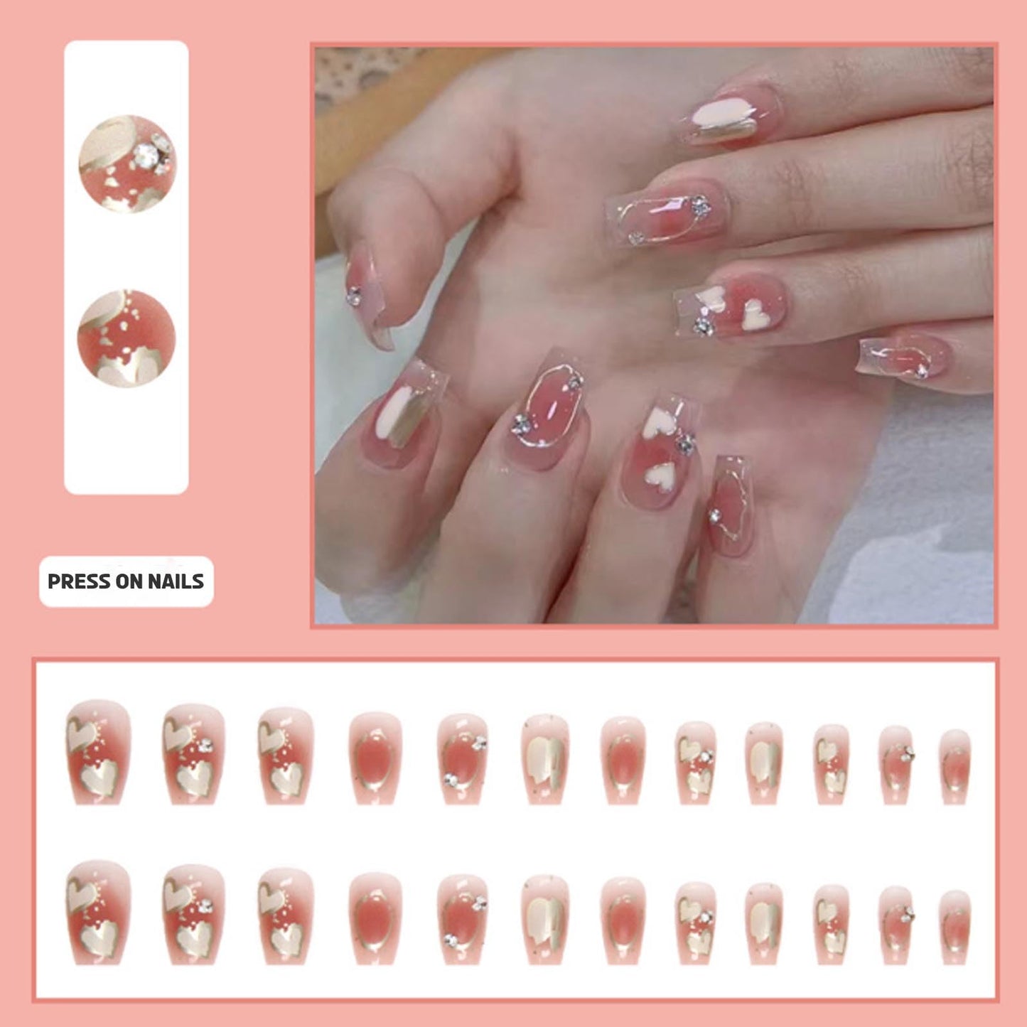 Hkanlre 3D Press on Nails Medium Fake Coffin Nails Tips Full Cover Luxury False Nails for Women and Girls 24PCS
