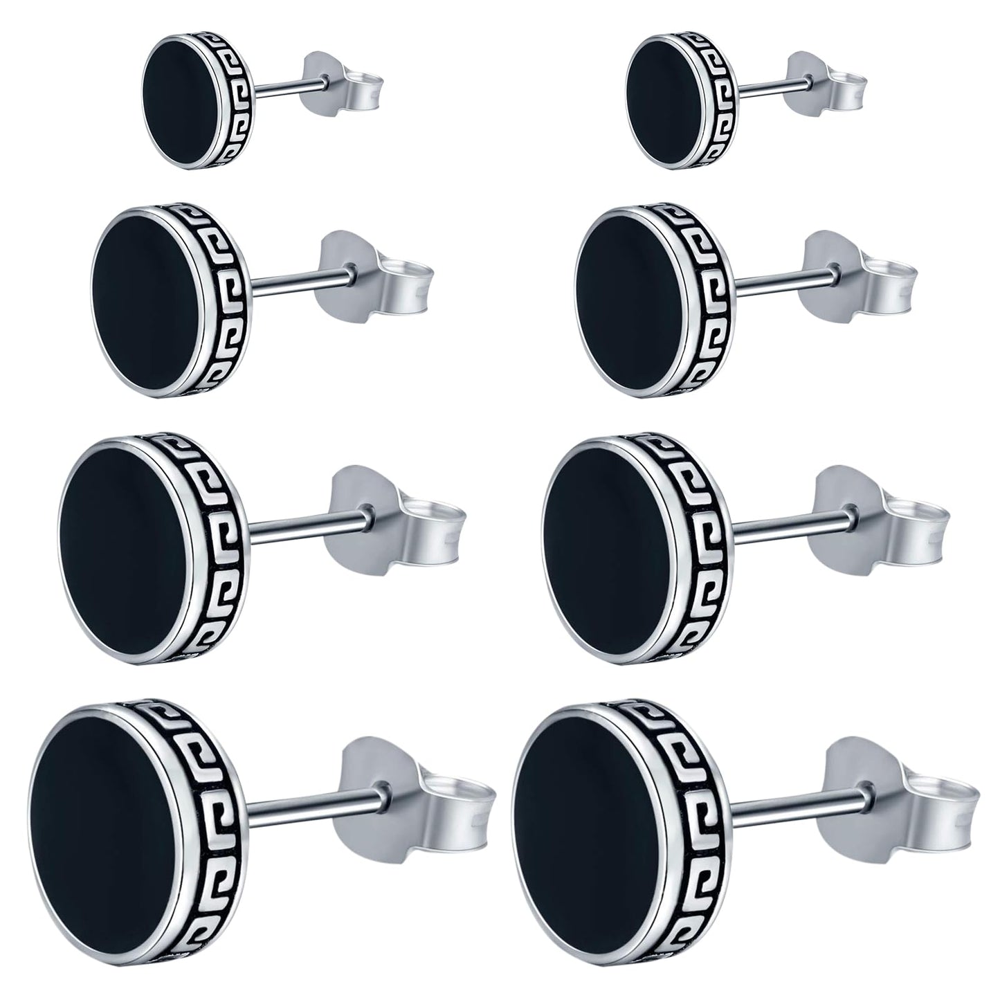 Aroncent Black Round Stud Earrings: Stainless Steel Hypoallergenic Retro Graphic Circle Piercing Ear Studs Set for Men Women 4 Pairs 6-12 mm