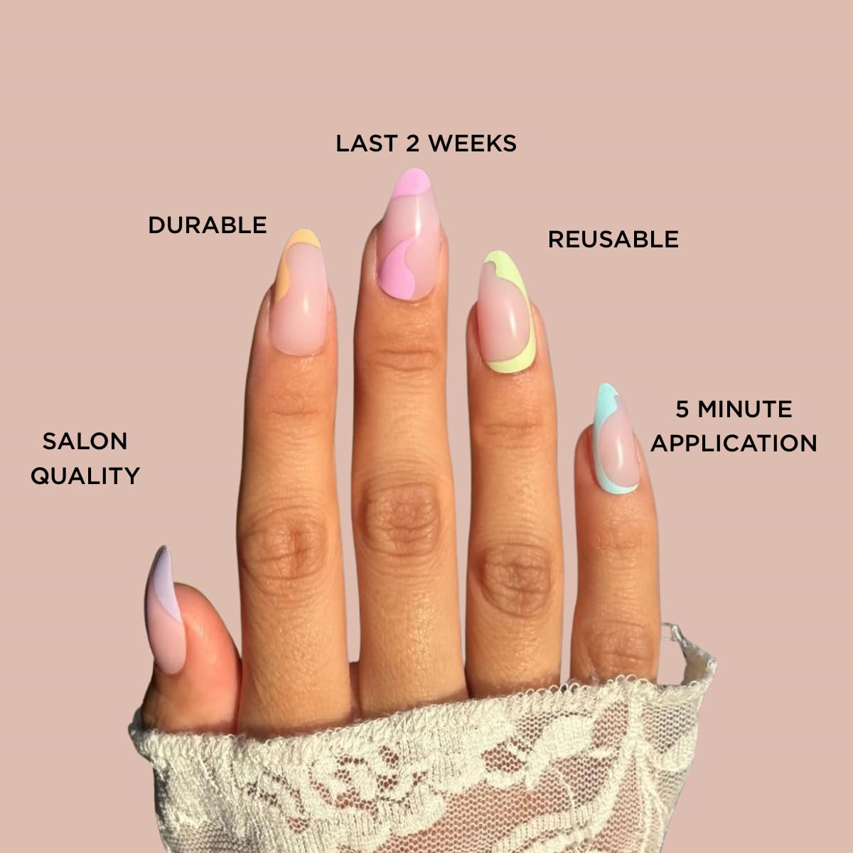 PASTEL DREAMS Press-On Nails by Lavaa Beauty | Medium Almond | Glossy Pastel Color Swirl on Nude Base