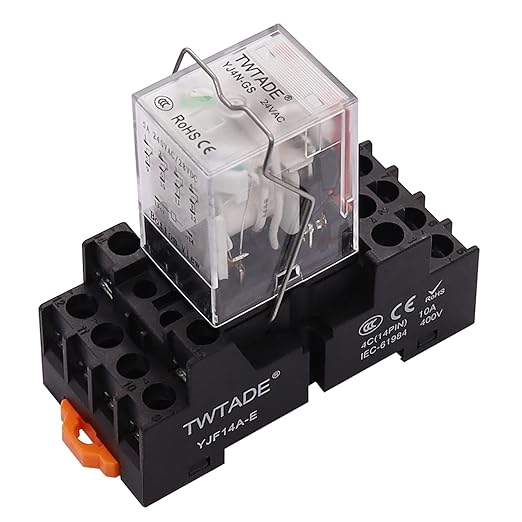 TWTADE/AC 24V Relay 5A Electromagnetic Power Coil Relay 14 Pins 4PDT 4NO+4NC HH54P MY4J with Indicator Light & Socket Base -YJ4N-GS