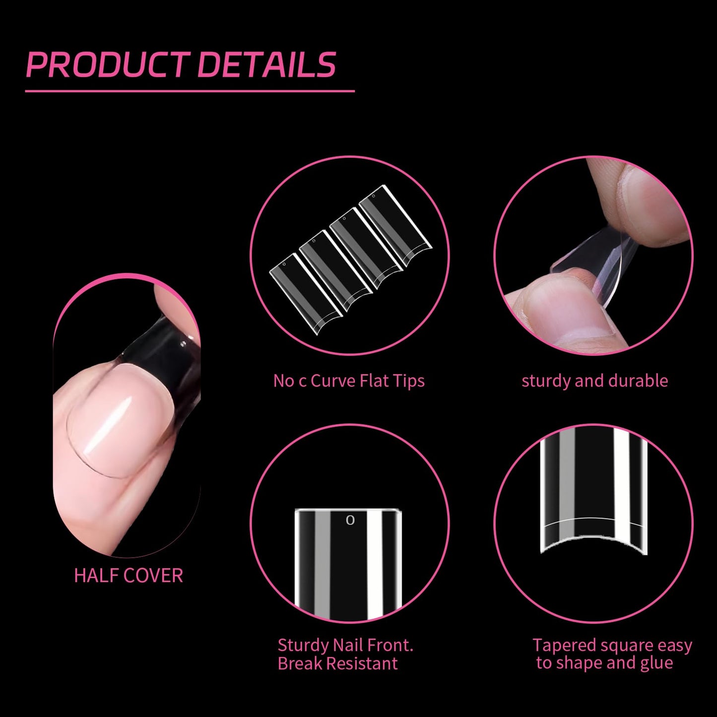 SITELENABY No C Curve XL Nail Tips 500PCS,Tapered Square Flattened Half Cover False Nails for Nail Salons and DIY French ABS Nail Tips(XL no c square 500pcs)