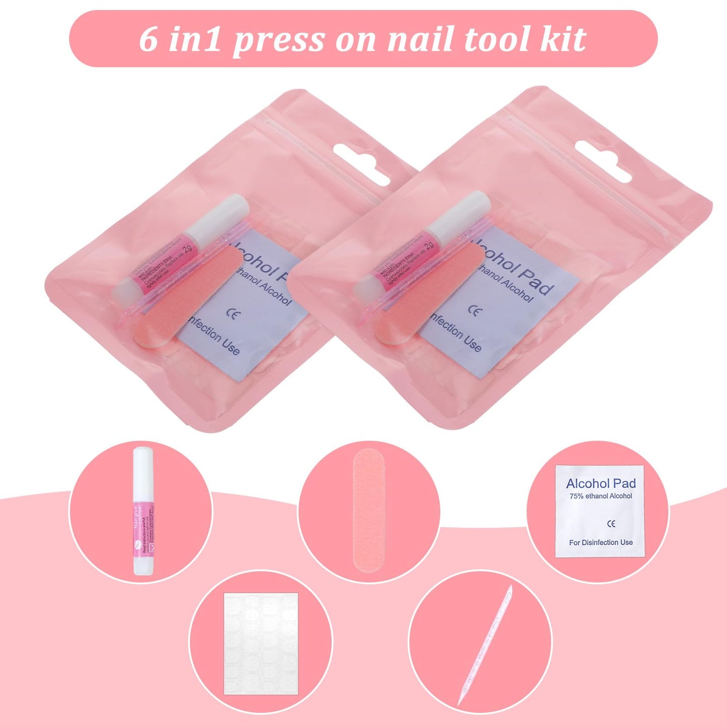 120 Sets Press On Nail Tool Kit for Business - Prep Application Disposable Kit with File, Glue, Prep Pads, Adhesive Tabs, Wood Stick, Holographic Bag