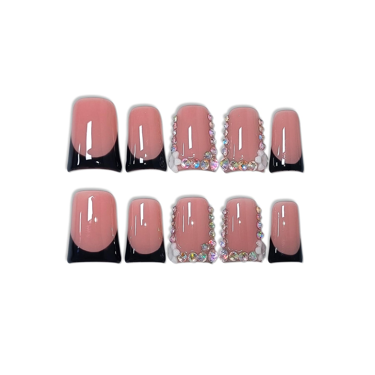 TENPAL Handmade Duck Nails Press on,Pink & Black French Tip Duckbill Tips with Rhinestone Edge,10PCS Glossy Glue on Nails Kit,Glitter Acrylic False Nails with Design,Y2K Punk Fake Nail for Women(S)