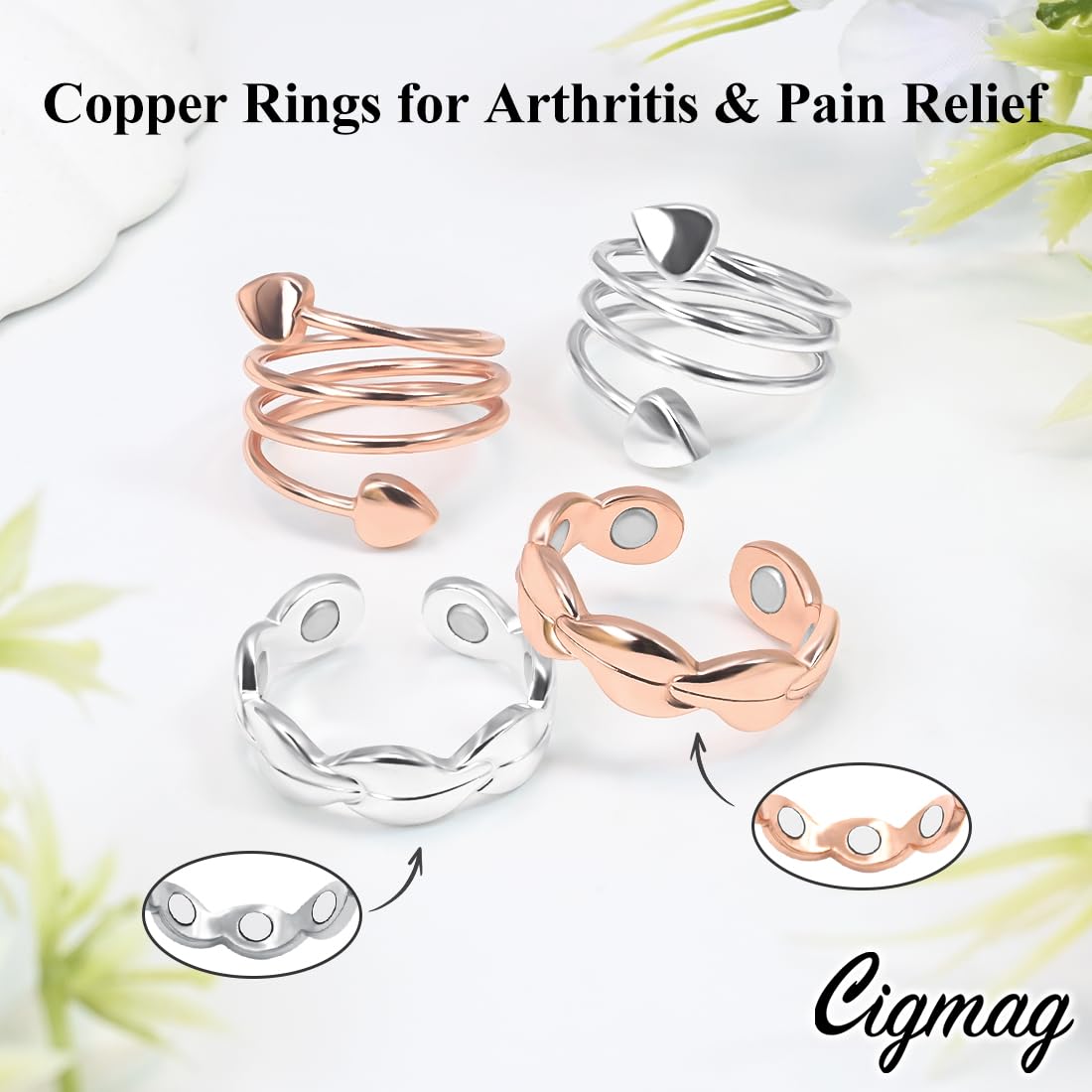 Cigmag 4PCS Copper Rings for Women Magnetic Rings Strong Magnets Pure Copper Adjustable