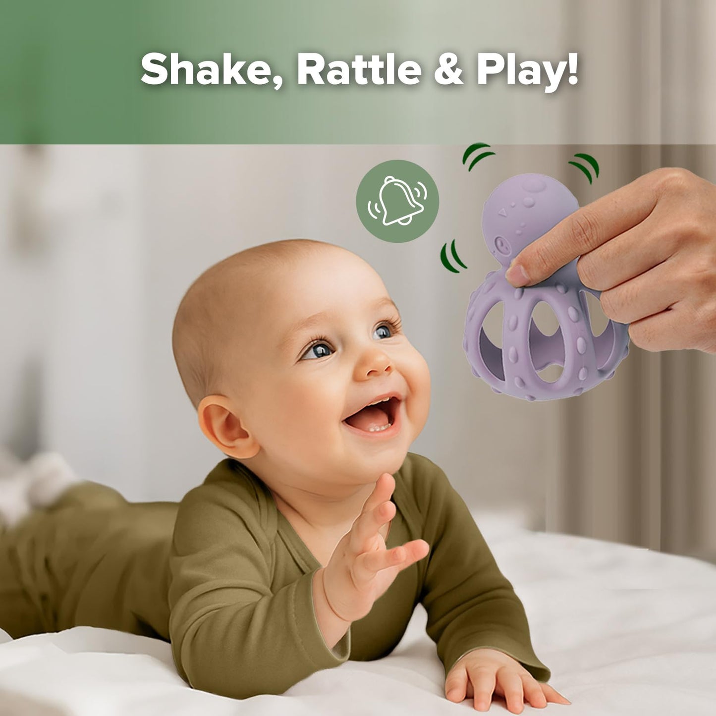 haakaa Octopus Rattle Teether,2-in-1 Baby Teething Toy with Gentle Rattle,Soft Textured Teether for Sore Gums,Easy to Grasp Sensory Toy for Babies 3M+,Lavender