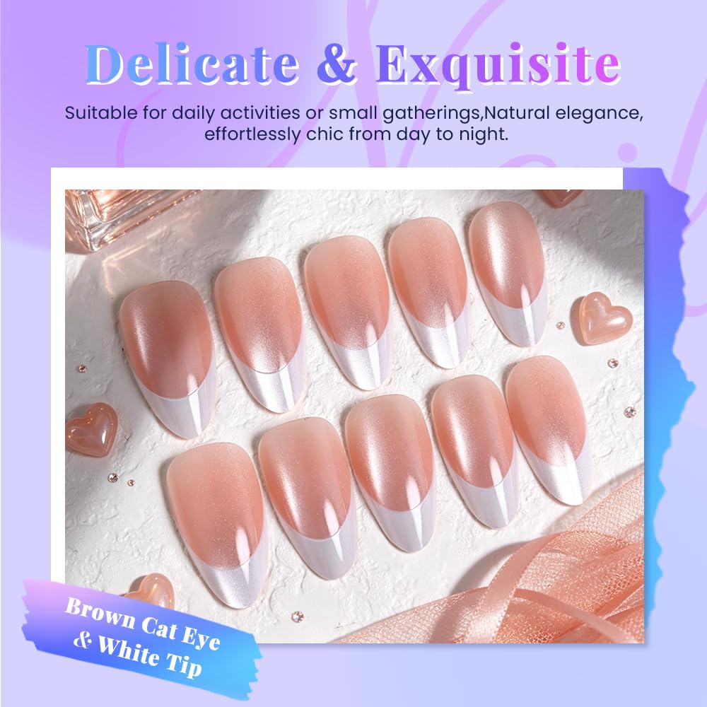 evpct Brown Cat Eye French Tip Press on Nails Almond Medium No Glue, White French Tip Medium Almond Holographic Stick on Nails for Women, Reusable Full Cover Soft Press on Nail Perfectly with Design