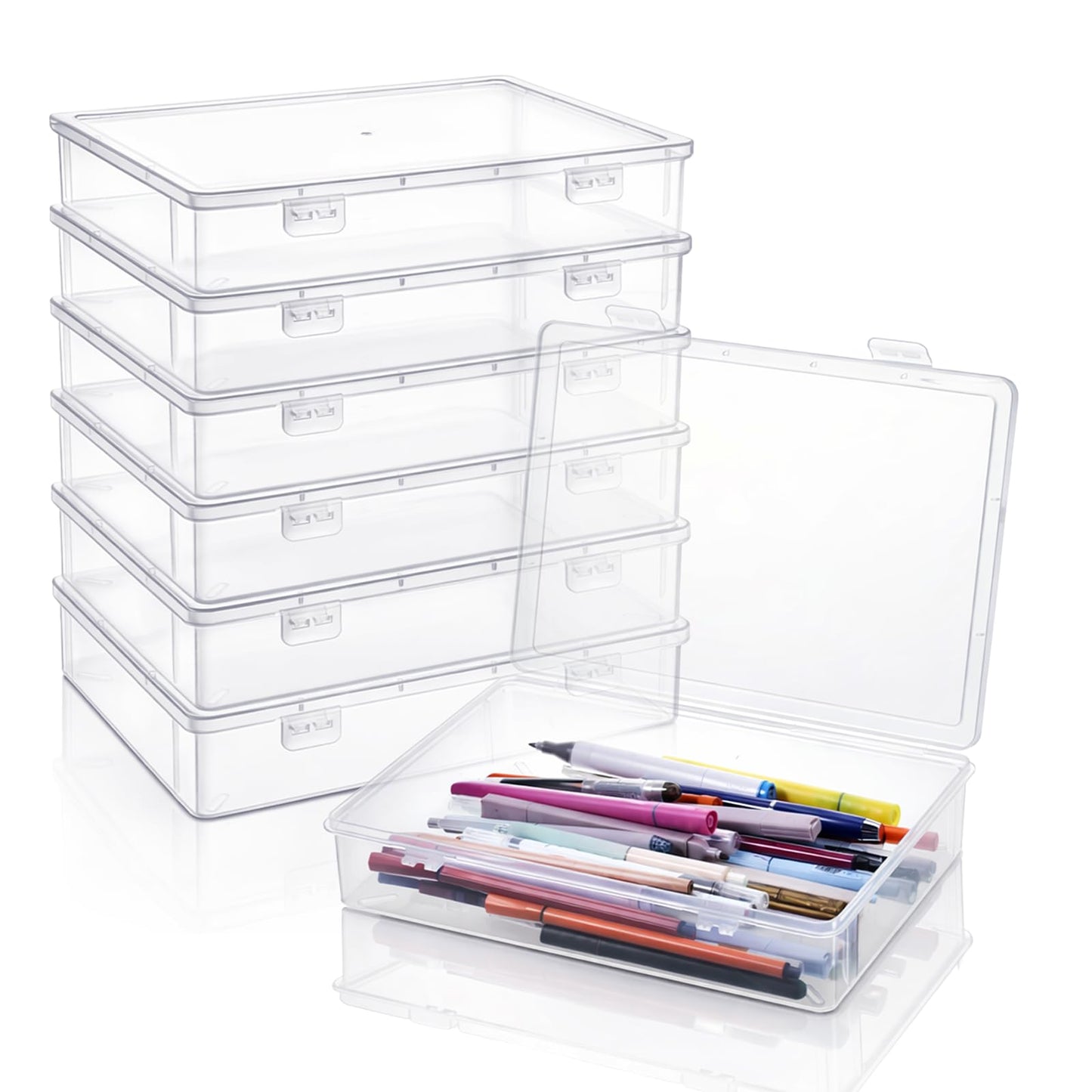 Oqqlin 6 Pcs Plastic Storage Boxes with Lids, 10.6x7.7x2 Inch Clear Rectangular Plastic Box Multipurpose Craft Organizers Small Storage Containers for Pencils, Beads, Craft Accessories, Small Items