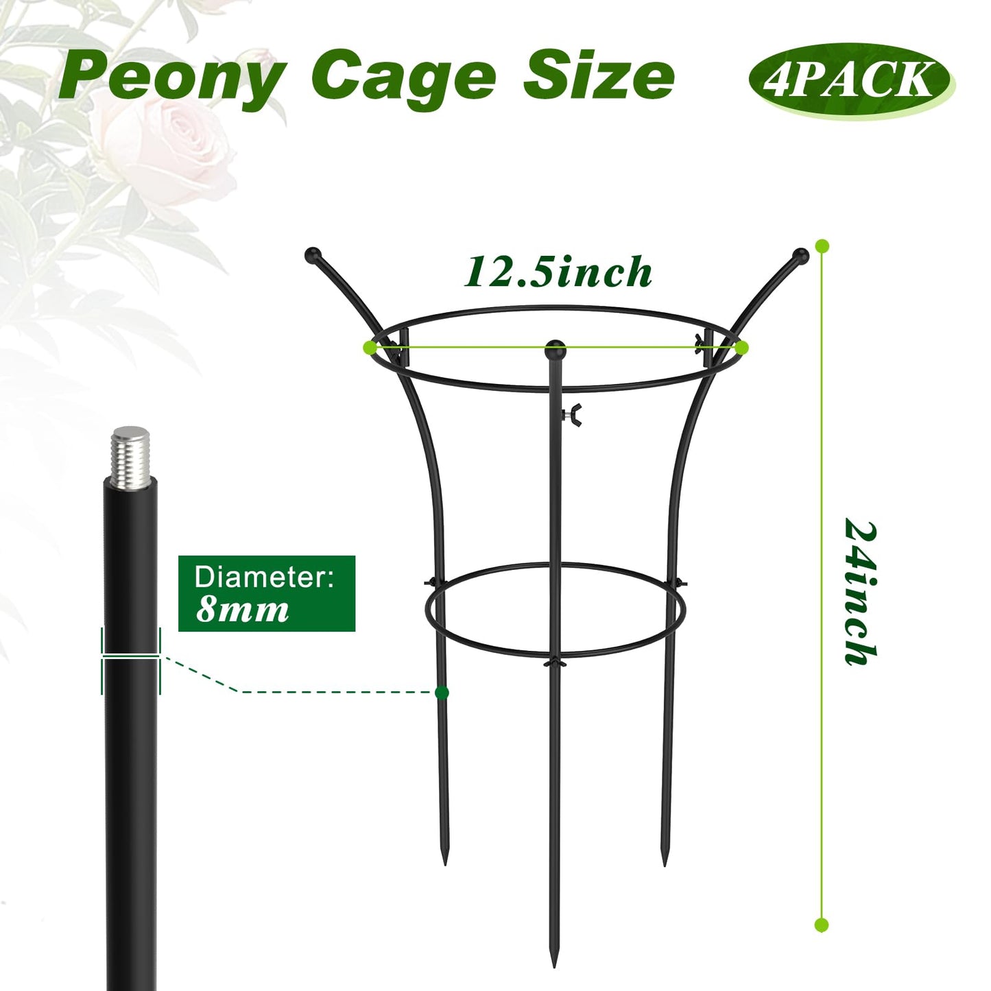 4 Pack Peony Cages and Supports, 12.5" Dx24 H Plant Supports for Outdoor Plants, Double-Ring Metal Peony Support Cage, Natural Bouquet Shape Plant Support Rings for Rose Tomato Hydrangea Strawberry