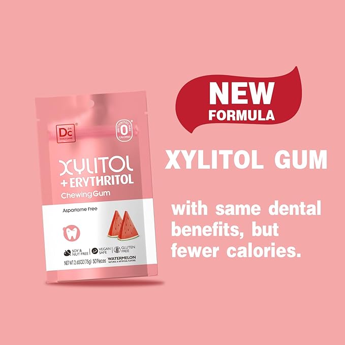 DC24 DAILY CARE Gum, Aspartame Free & Sugar Free, Xylitol Chewing Gum with Erythritol, Low-Calorie, Sugarless, Watermelon Flavored Gum, 50 Pieces (Pack of 3)