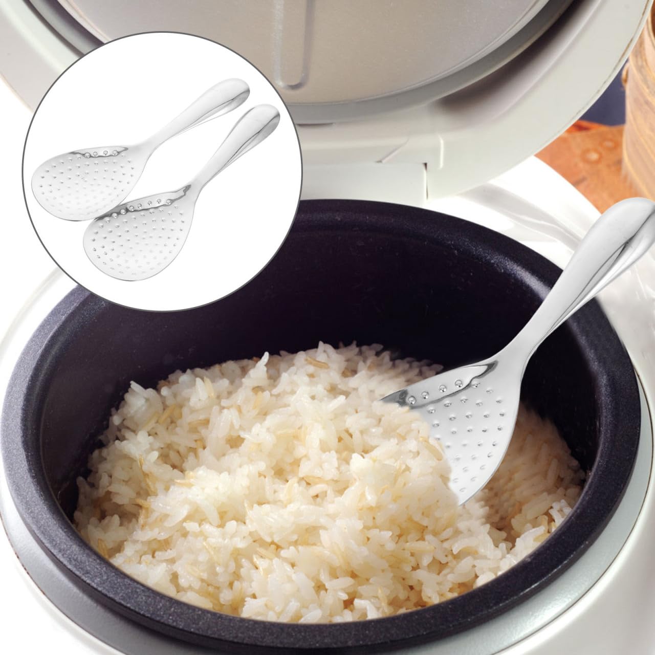 Kichvoe Stainless Steel Rice Spoon Set 2Pcs Rice Paddle Scooper for Cooking and Serving Kitchen Utensils Easy to Clean 8.07In Length