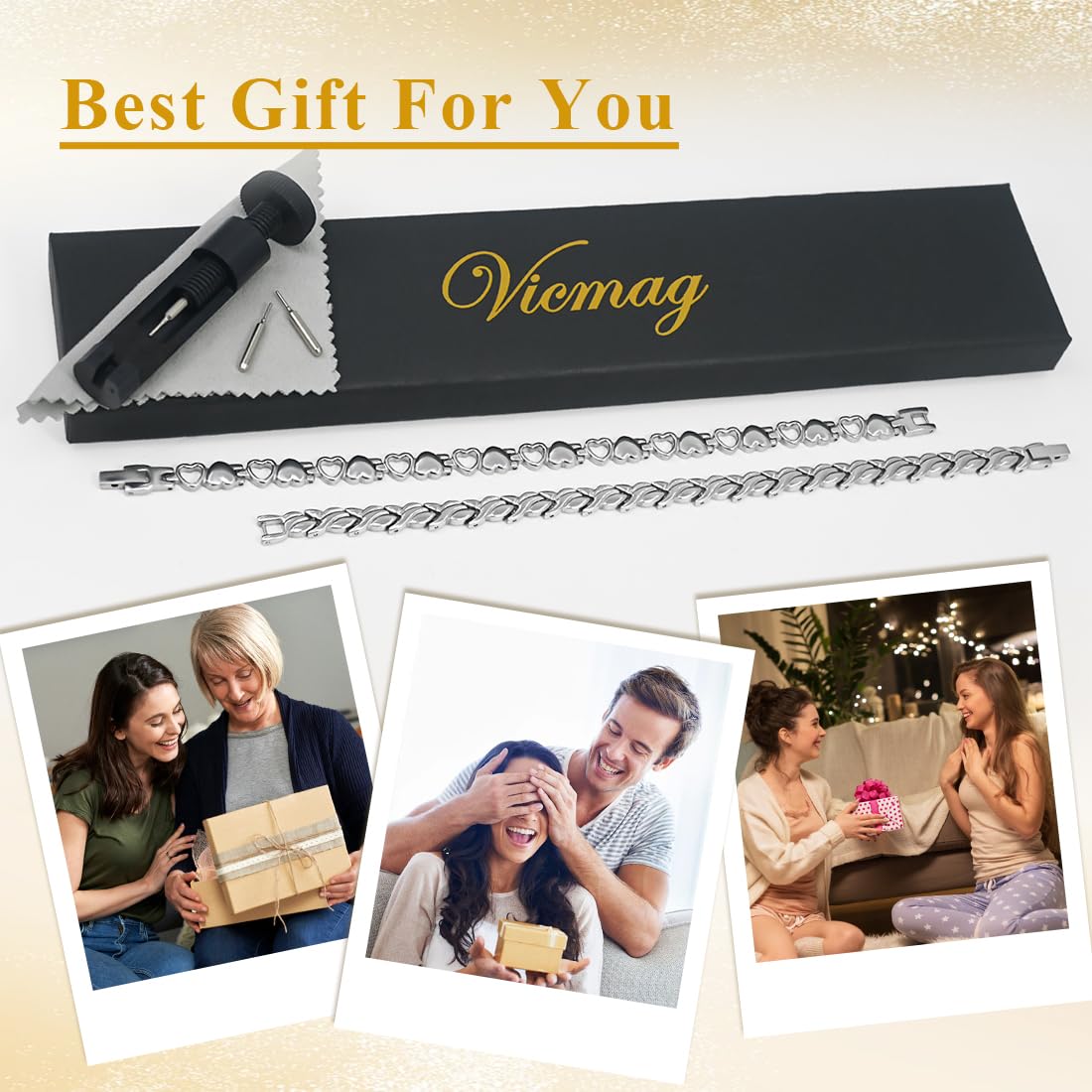 Vicmag Magnetic Titanium Bracelet for Women Steel Jewelry Gift with Adjustment Tool & Box(Silver Fishtail & Heart)