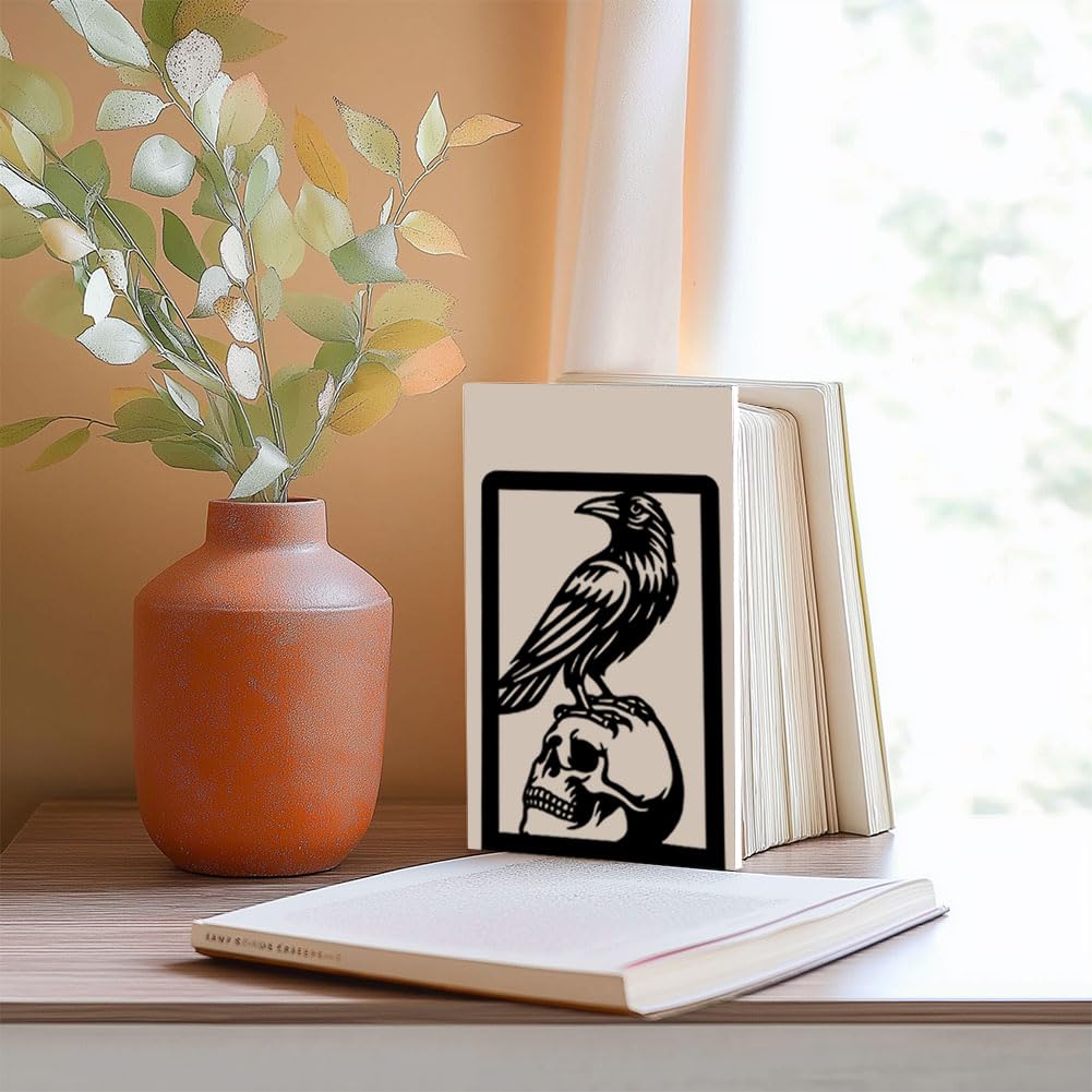 BEUNITONE Raven and Skull Decor Gothic Metal Bookends for Shelves, Office Desk Organizer Book Ends for Heavy Books, Home Office Desk Bookshelf Decor Gift for Gothic Lovers and Reading Enthusiasts