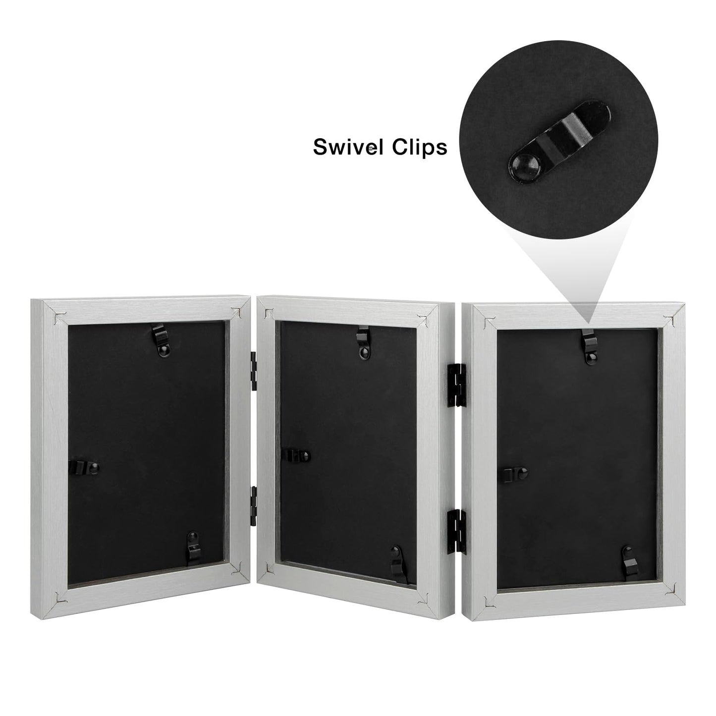 Frametory, 5x7 Triple Picture Frames 3 Photo Frames Collage - Real Glass - Engineered Wood Triple Folding Frame - Tabletop Vertical Display (Silver, 1 Pack)