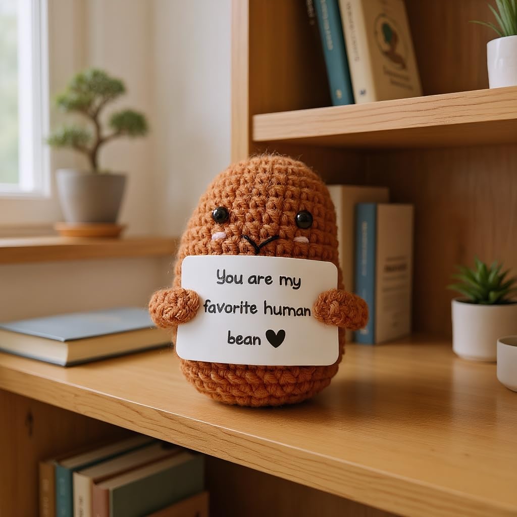 Funny Emotional Support Ornament, Creative Gift Handmade, Crochet Positive Bean Plush Doll with Motivational Message Card, Soft Yarn, 3x1.89 Inch, Desk Companion,Cute Doll,Positive Bean