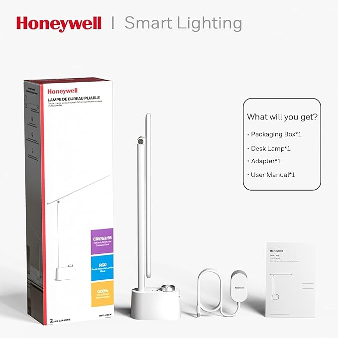 Honeywell LED Desk Lamp - Sunturalux Desk Lamps for Home Office with USB A+C Charging Ports, 3 Color Modes Stepless Dimmable Eye-Caring Foldable Desk Light for Bedroom Table Reading Study(White)
