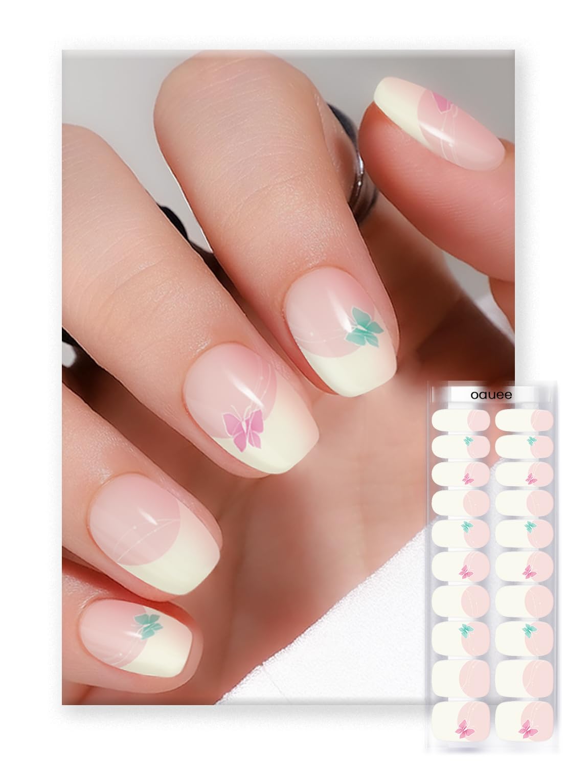 Oauee Semi Cured Gel Nail Strips | Built-In Gel Top Coat | UV Light Required | Salon Quality, Easy Application And Removal (Fairy Butterflies French)