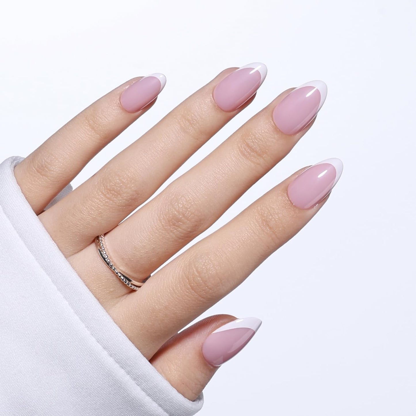 White French Tip Press On Nails - Pink Short Almond Fake Nails, White Press On Nails Reusable Stick On Nails in 16 Sizes, 32pcs False Nail Kit for Women & Girls