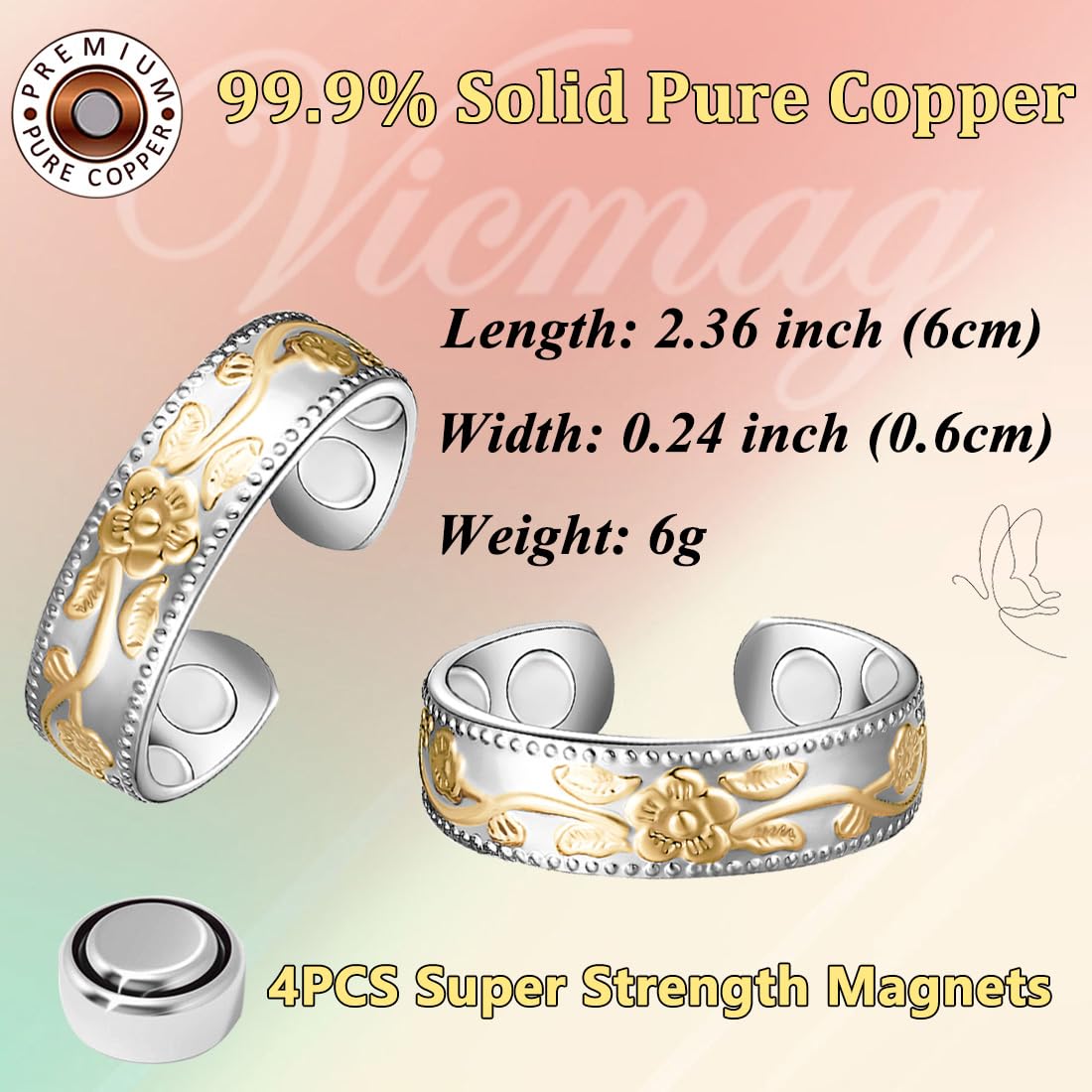 Vicmag Copper Magnetic Rings for Women, Magnetic Ring Ladies Fingers Thumb 100% Solid Pure Copper Gift Adjustable (Golden Flower)