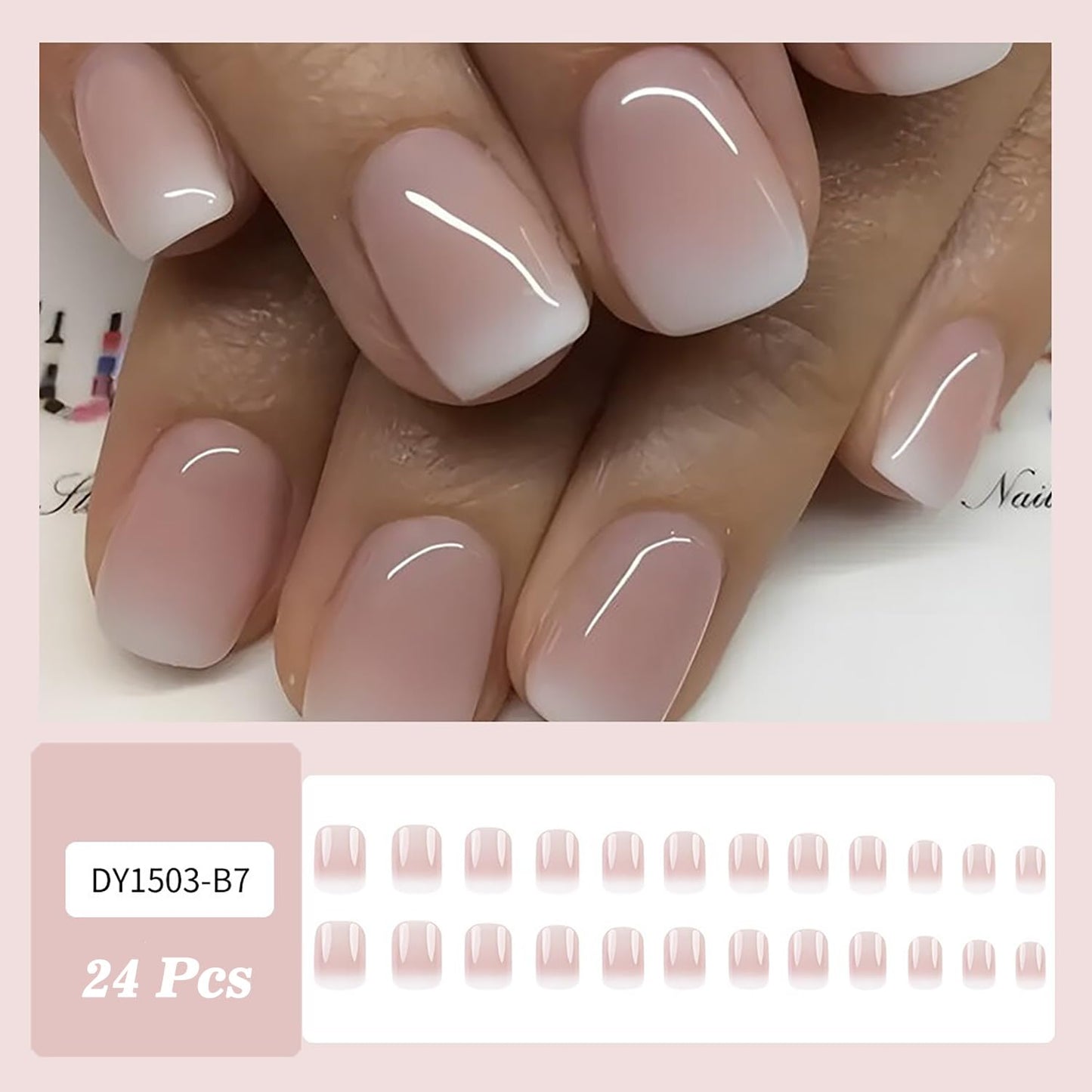 Press on Nails Short Square MABKJLF Fake Nails Full Cover Pink & White Gradient False Nails Glossy Glue on Nails Stick on Nails Acrylic Nails Artificial Nails for Women Girls 24Pcs