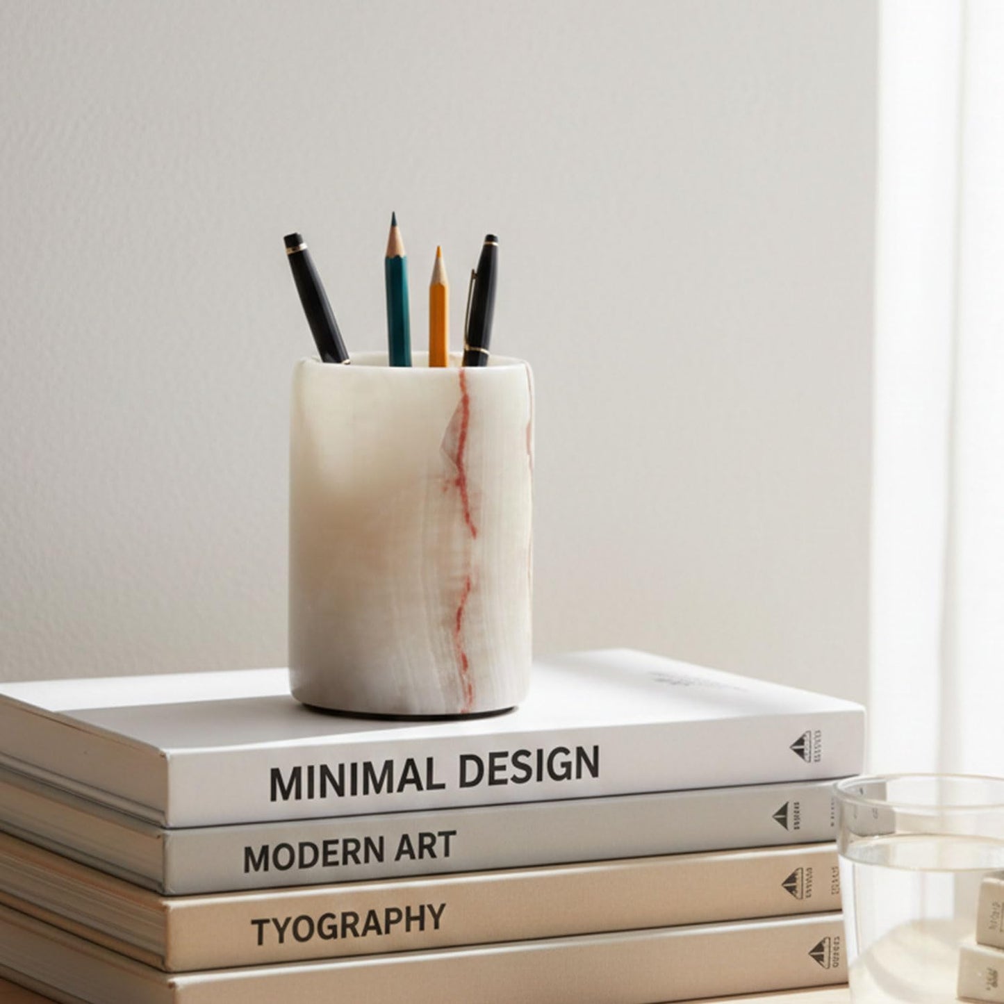 Radicaln Marble Pen Holder For Desk 4" Inches White Onyx Handmade Stationary Holder For Study Room, Ideal Pencil Holder & Desk Organizer, Use for Office Supplies