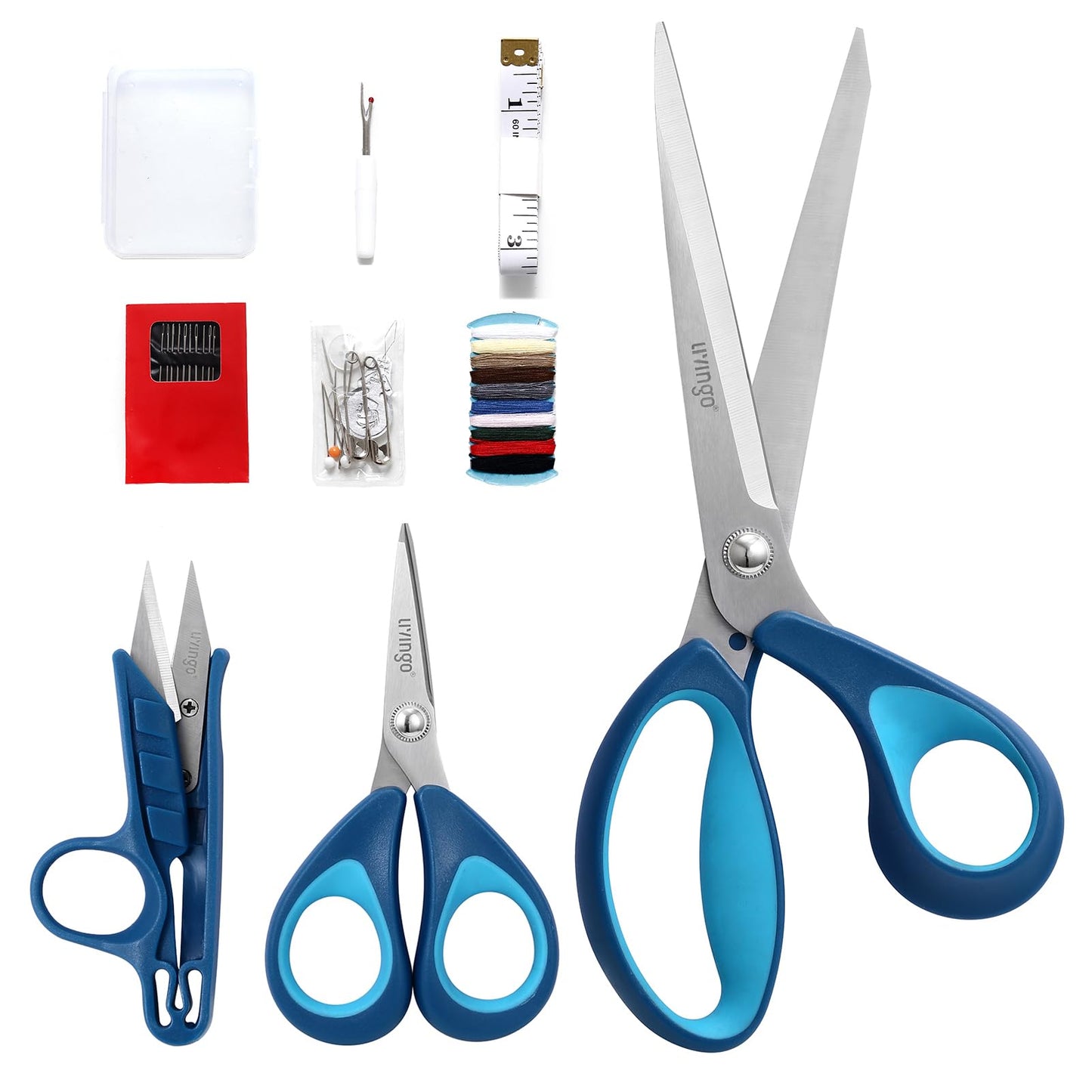 LIVINGO Fabric Sewing Scissors Set All Purpose - Heavy Duty Tailor Shears with Small Embroidery Thread Snips Sewing Kit for Home Crafting Cutting, 9.5" & 5" & 4.5", Blue Comfortable Handles