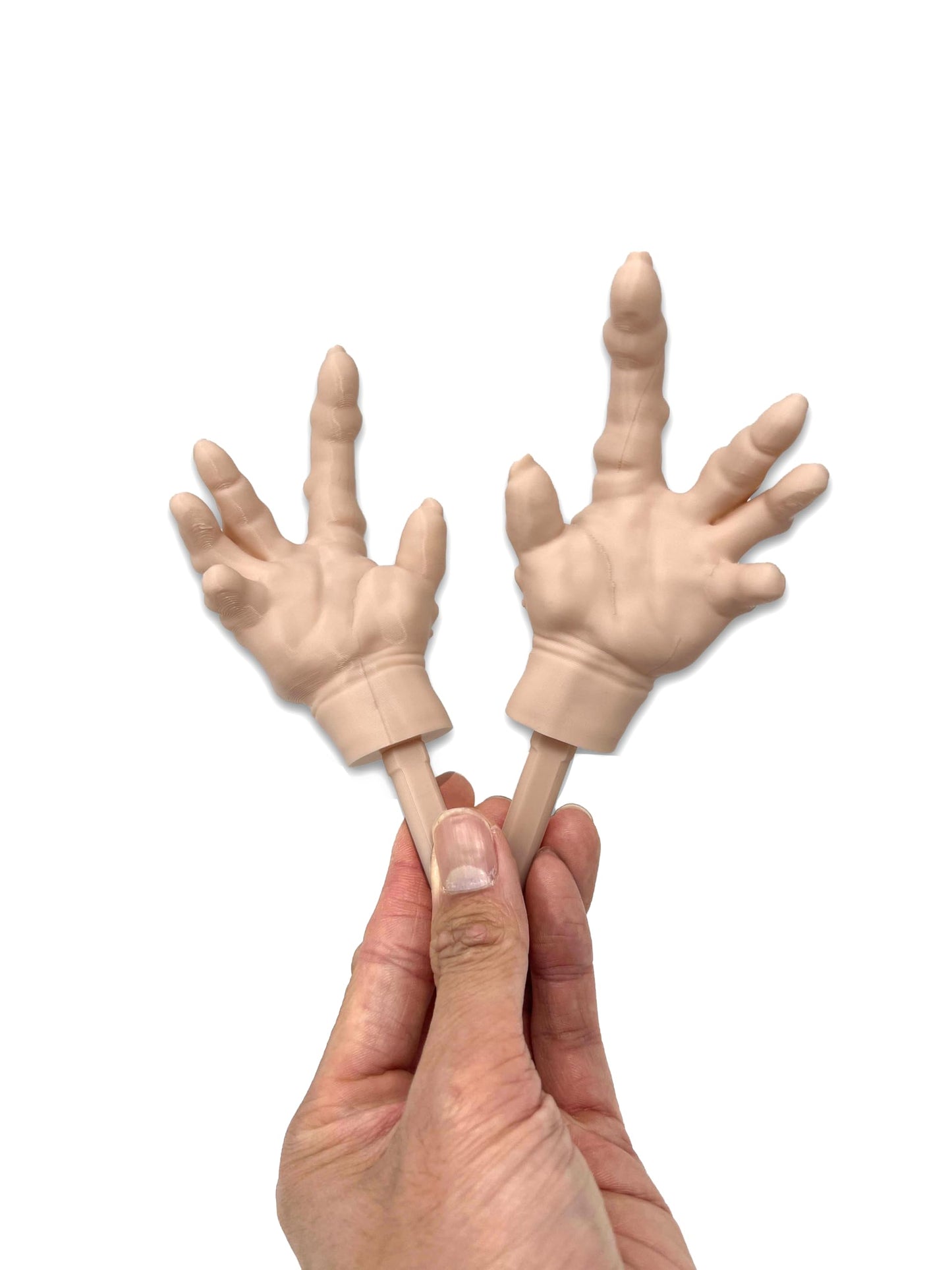 Munnygrubbers - 1 Pair Tiny Hands with Sticks - Mini Little Hand Stick Puppet - Halloween Costume - Strong Hand Prop - Scary Movies - Novelty Gift - TikTok Famous - (Creepy 1x Set)