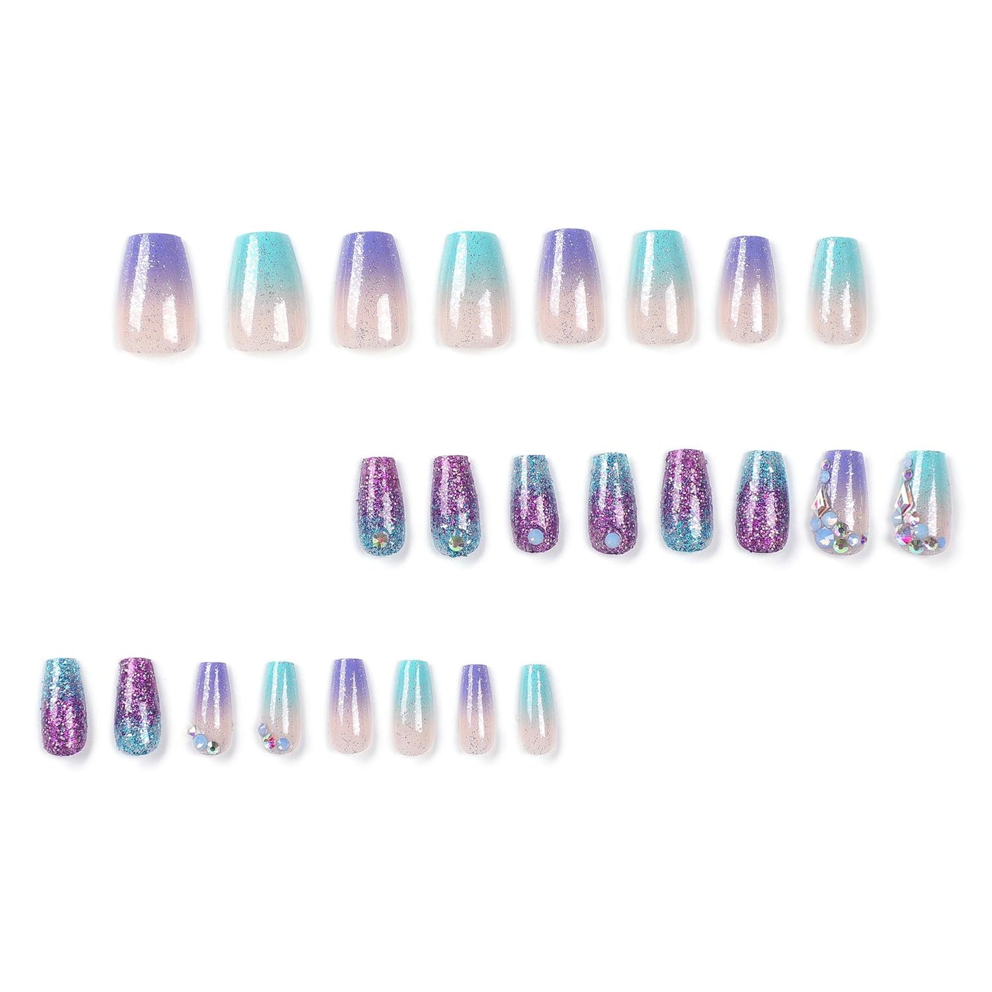 Press on Nails Medium Coffin SWEKKE Fake Nails Mermaid Full Cover Gradient False Nails with Designs Rhinestones Glitter Glossy Glue on Nails Manicure Artificial Acrylic Nails for Women Girls 24Pcs