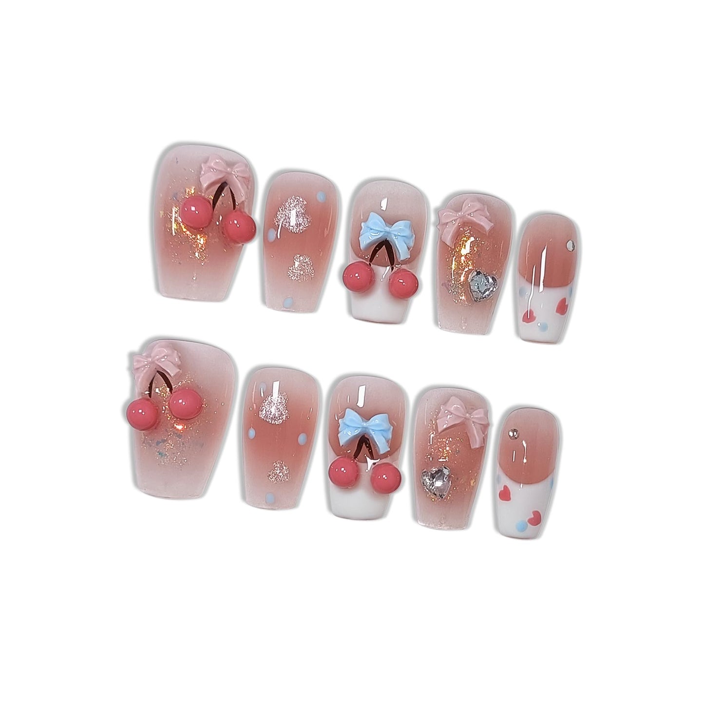 Hantyer 10pcs Sweet Style Press on Nails, Short Coffin Glossy Fake Nails, Pink French Tips with 3D Cherry & Bow Design, Reusable Easy to Apply False Nails for Women (Size M) ﻿