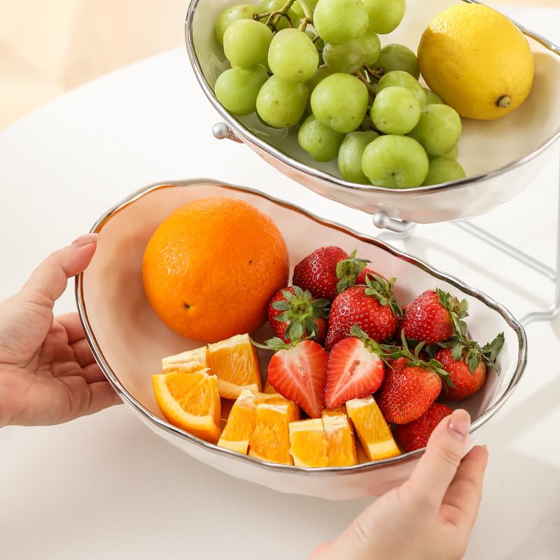 jessie 2 Tier Ceramic Fruit Bowl for Kitchen Counter with Metal Rack, Fruit Basket with Stand, Porcelain Bowls for Vegetable Bread Candy Snack Nuts Dessert Cake Tray (Gold 2 layer)