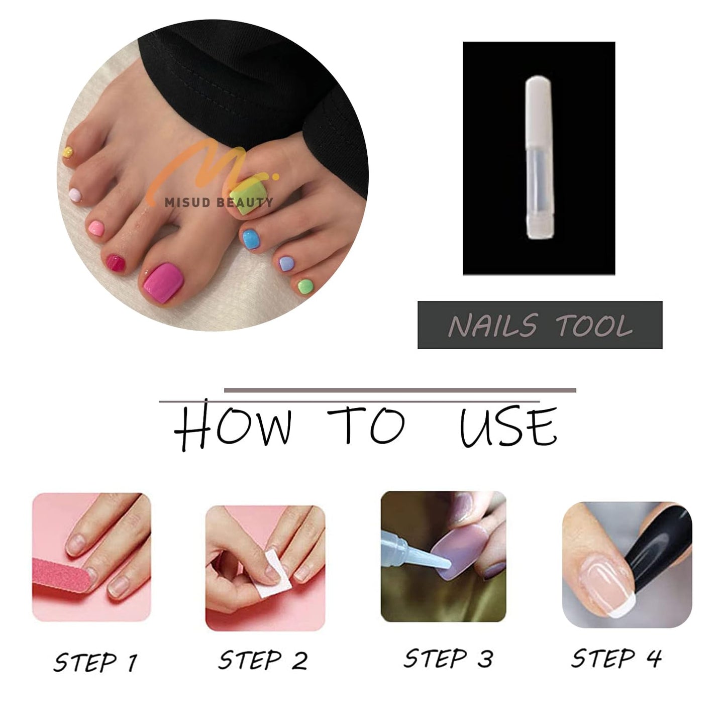 MISUD Toe Press on Nails - Fake Toenails with Colorful, Acrylic Toenail Rainbow Pastel Design 36 pcs
