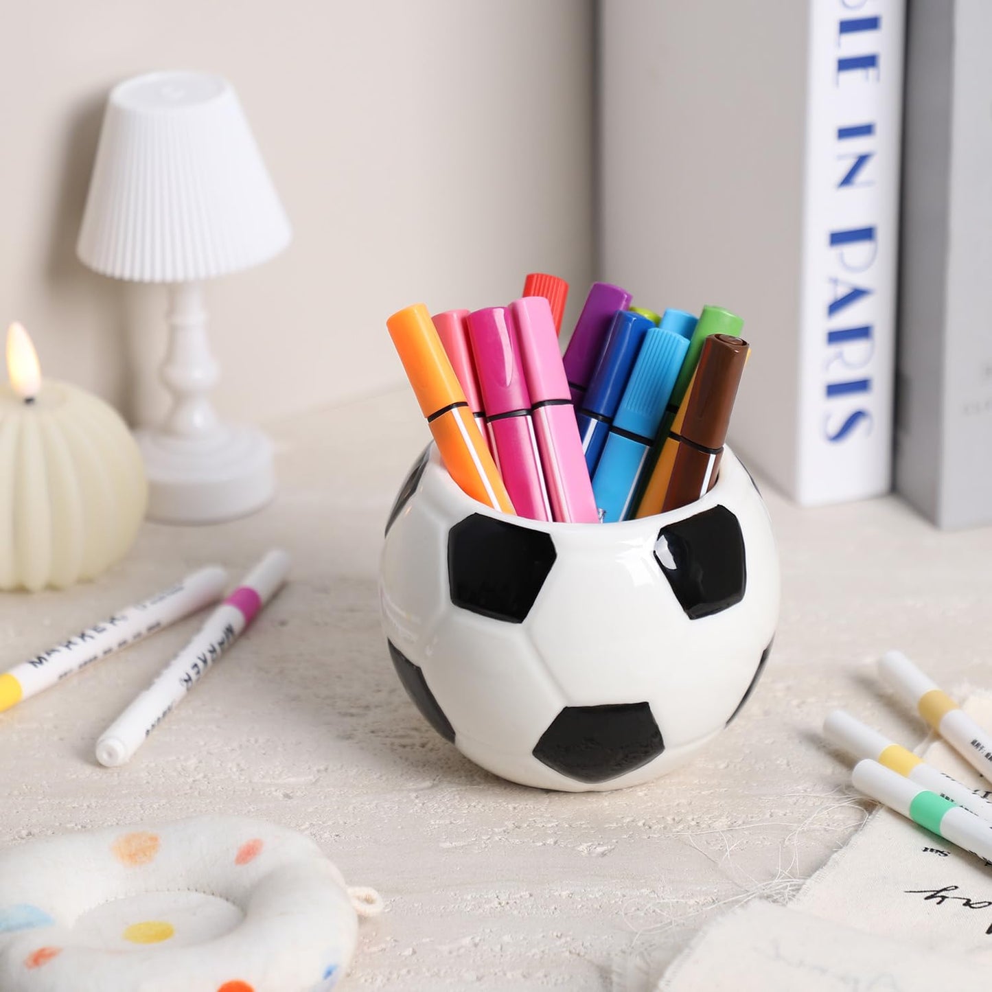 Sizikato Ceramic Pencil Holder for Study, Desktop Decor Football Pen Holder