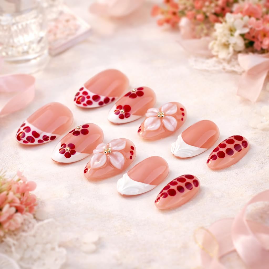 IntoVibes 10 Pieces Handmade Short Almond Press On Nails, Pink Thickened False Nails, Red Dots And 3D Flower, Reusable Fake Nails Almond, Reusable Acrylic Nails (M)