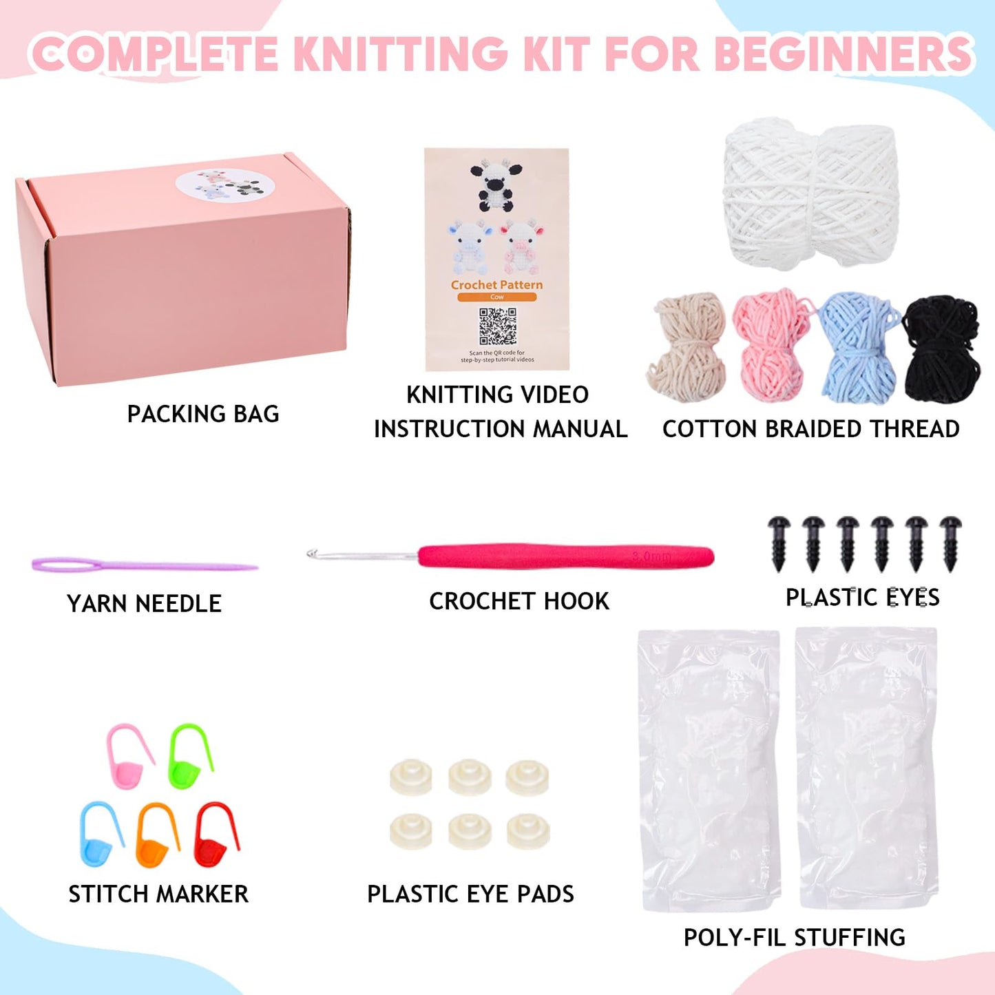 Crochet Starter Kit for Beginners, 3 Cute Animal Cow Pattern, Crochet Starter Kit Beginner for Adults Knitting Hooks and Yarn Set with Video Tutorial
